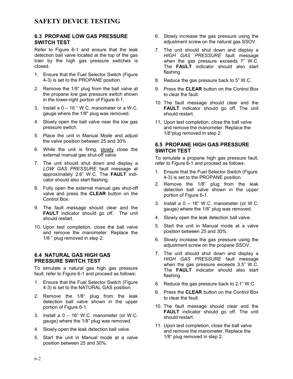 3 propane low gas pressure switch test, 4 natural gas high gas pressure switch test, 5 propane high gas pressure switch test | Safety device testing | AERCO BMK 3.0 LN Dual-Fuel Series Gas Fired Low NOx Boiler System User Manual | Page 50 / 136