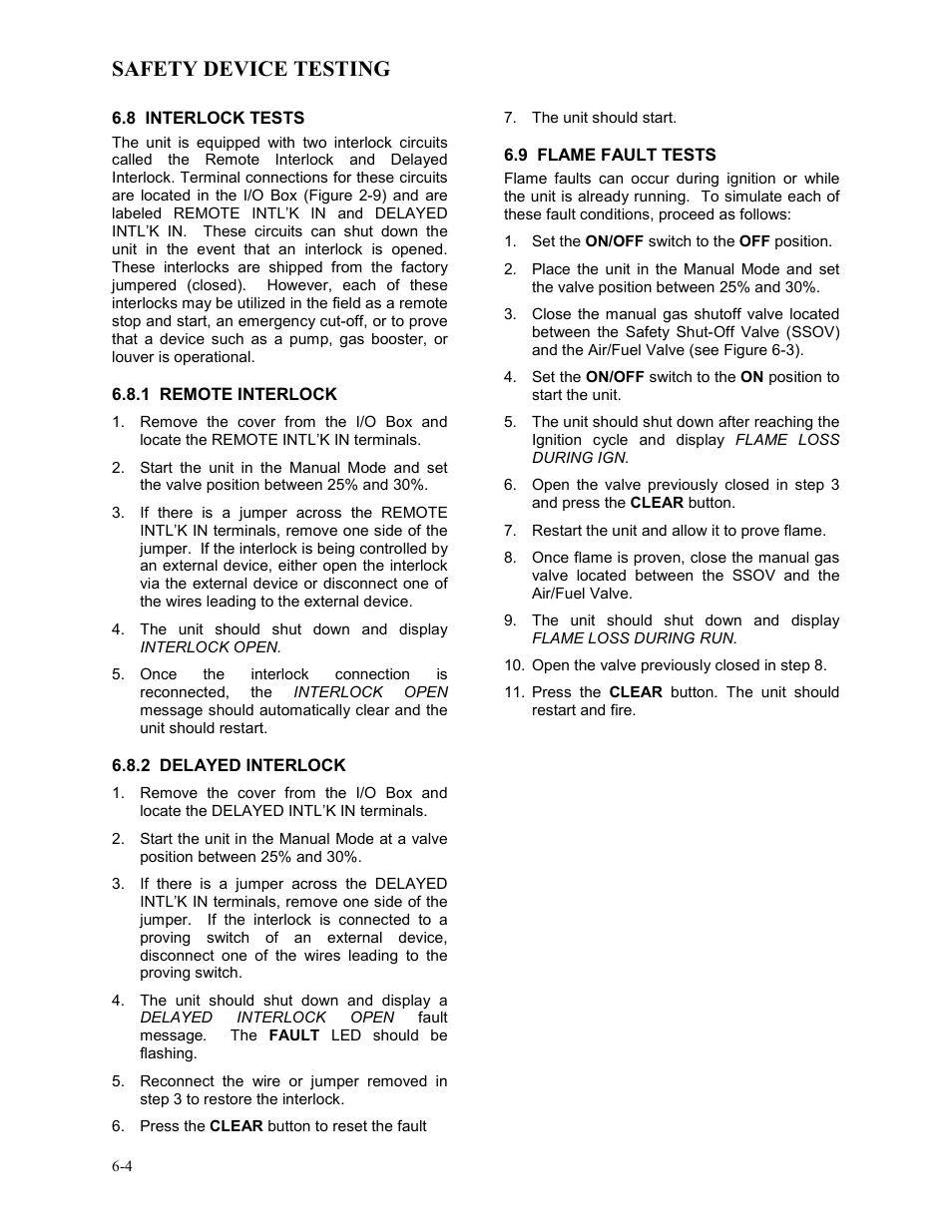 8 interlock tests, 1 remote interlock, 2 delayed interlock | 9 flame fault tests, Safety device testing | AERCO BMK 3.0 LN Dual-Fuel Series Gas Fired Low NOx Boiler System User Manual | Page 52 / 136