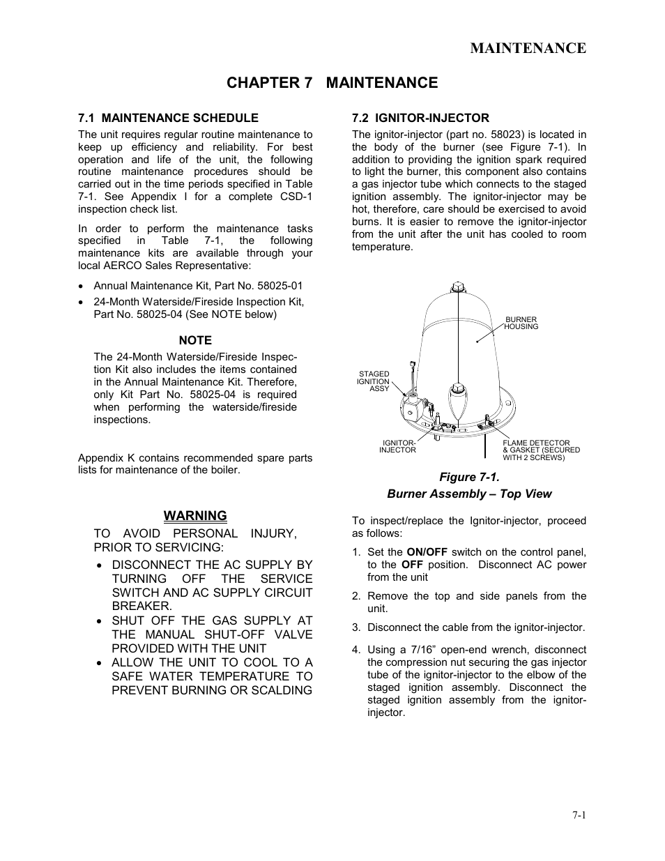 Chapter 7 maintenance, 1 maintenance schedule, 2 ignitor-injector | Maintenance | AERCO BMK 3.0 LN Dual-Fuel Series Gas Fired Low NOx Boiler System User Manual | Page 57 / 136