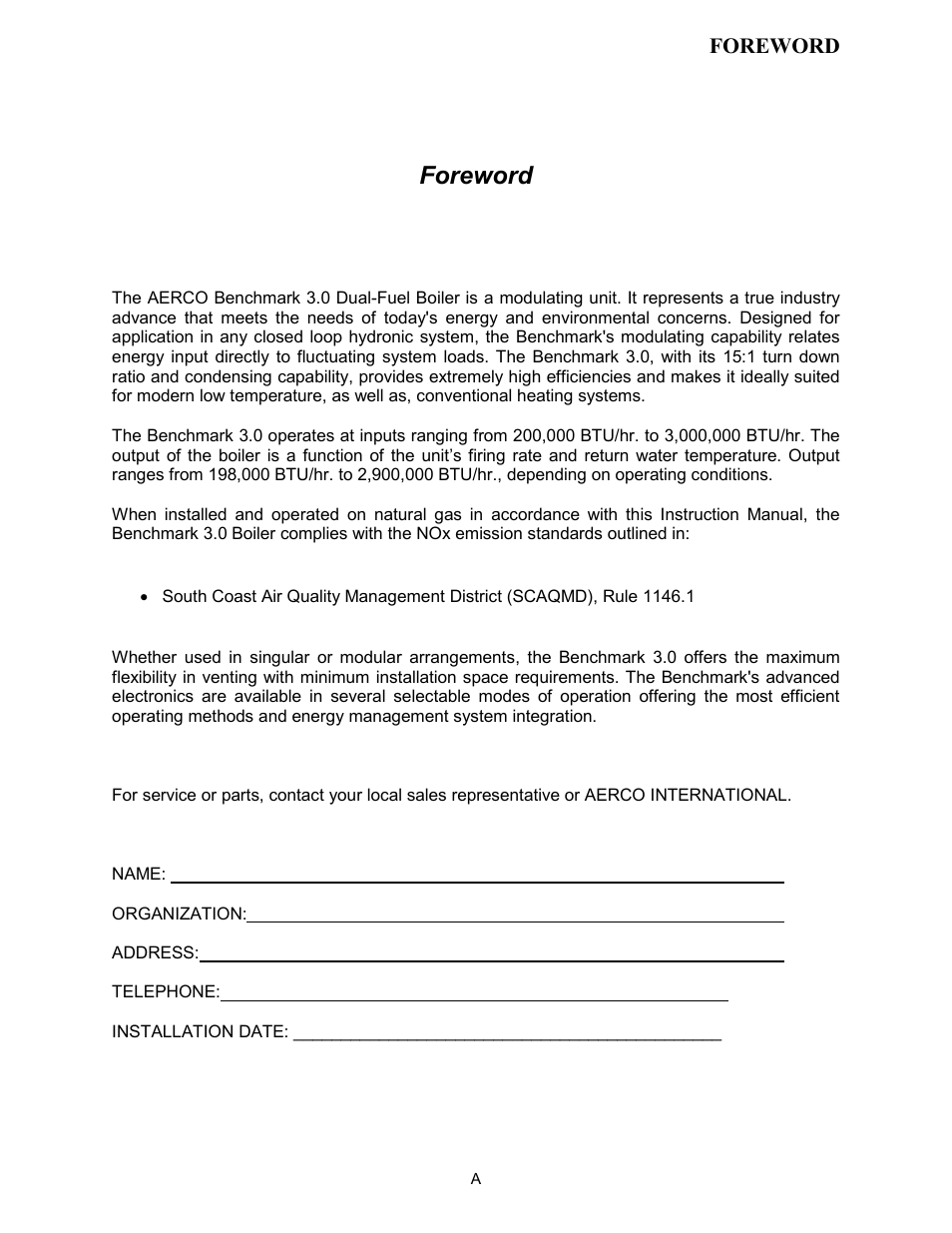 Foreword | AERCO BMK 3.0 LN Dual-Fuel Series Gas Fired Low NOx Boiler System User Manual | Page 7 / 136
