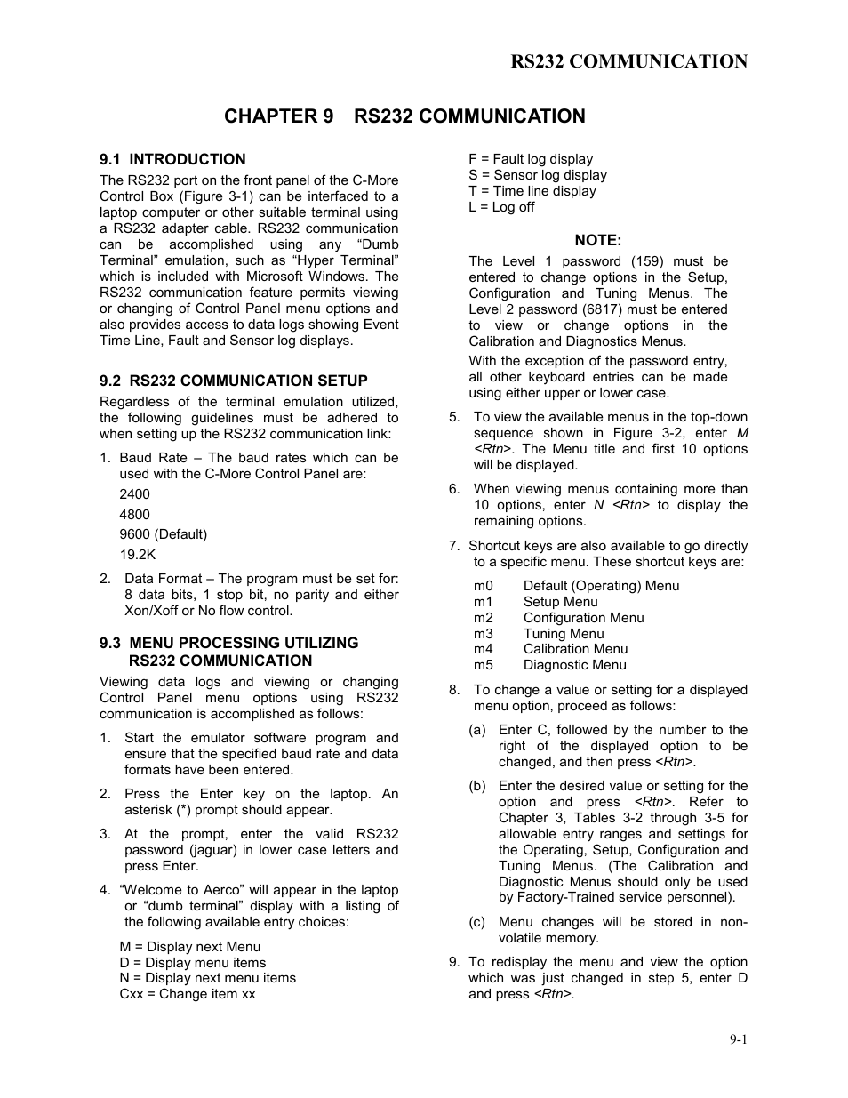Chapter 9 rs232 communication, 1 introduction, 2 rs232 communication setup | 3 menu processing utilizing rs232 communication, Rs232 communication | AERCO BMK 3.0 LN Dual-Fuel Series Gas Fired Low NOx Boiler System User Manual | Page 77 / 136