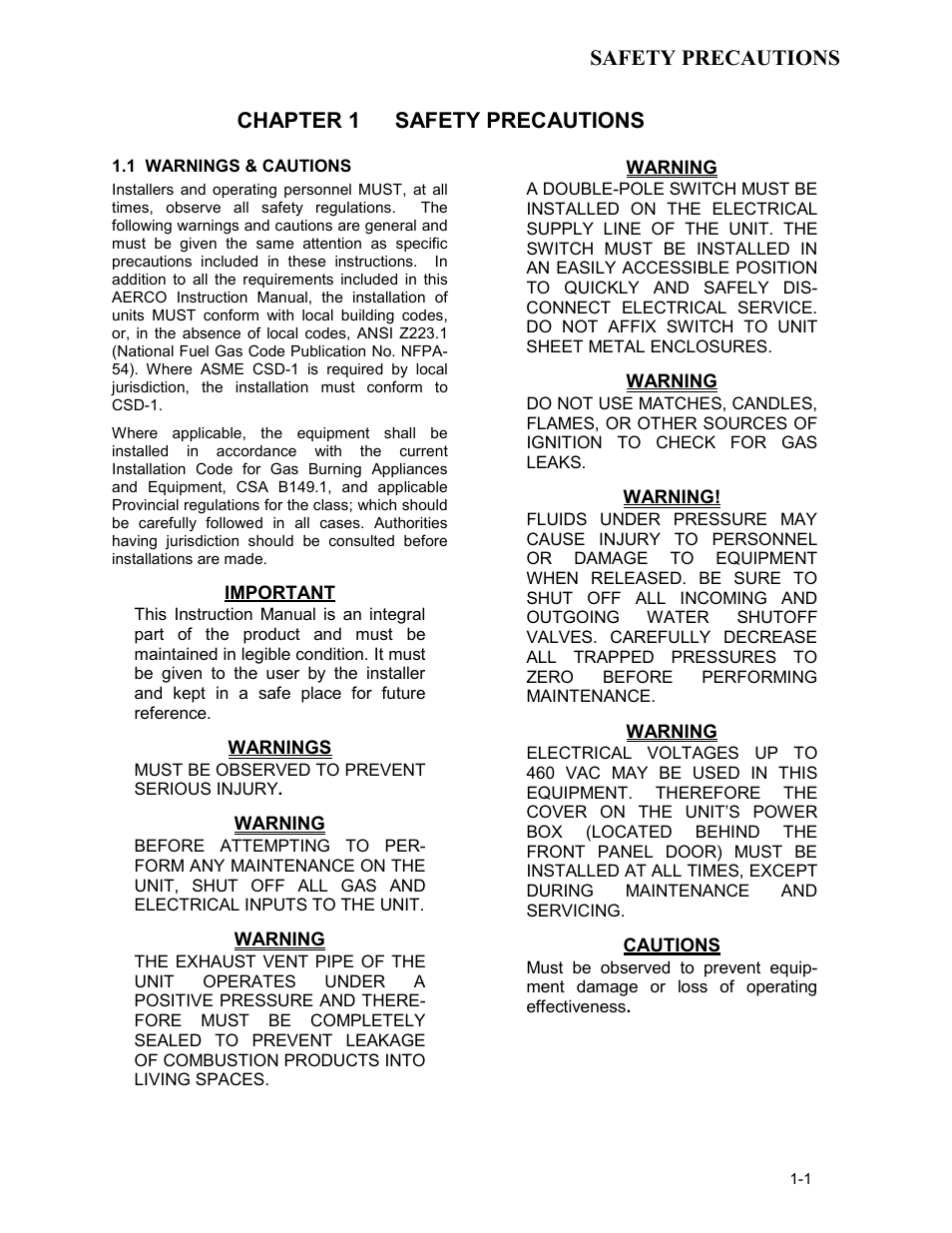 Chapter 1 safety precautions, 1 warnings & cautions | AERCO BMK 3.0 LN Dual-Fuel Series Gas Fired Low NOx Boiler System User Manual | Page 9 / 136