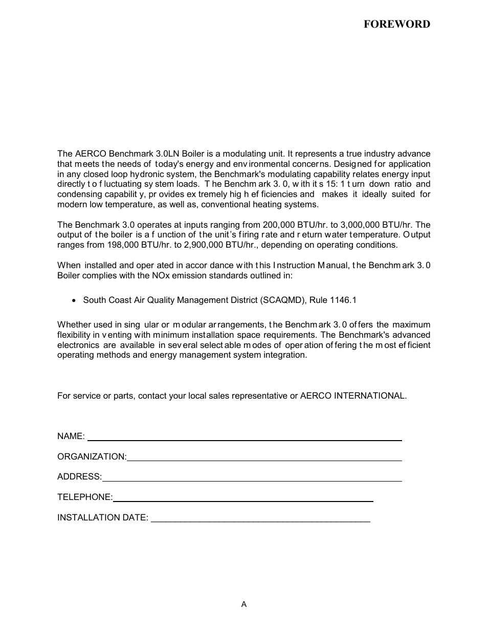 Foreword | AERCO BMK 3.0 LN Nat. Gas Jan 2011 User Manual | Page 7 / 129