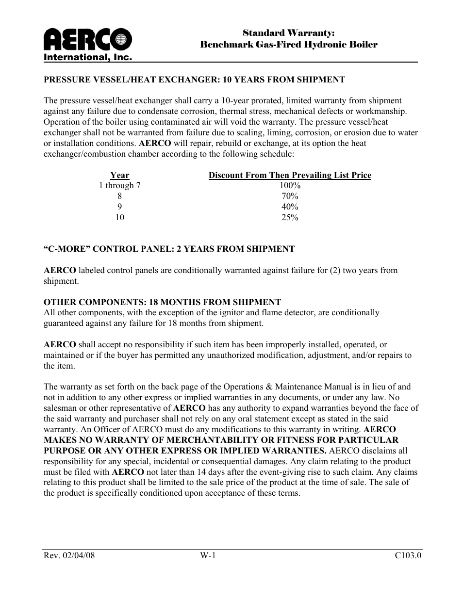 Standard warranty | AERCO BMK 3.0 LN Nat. Gas APRIL 2009 User Manual | Page 123 / 125