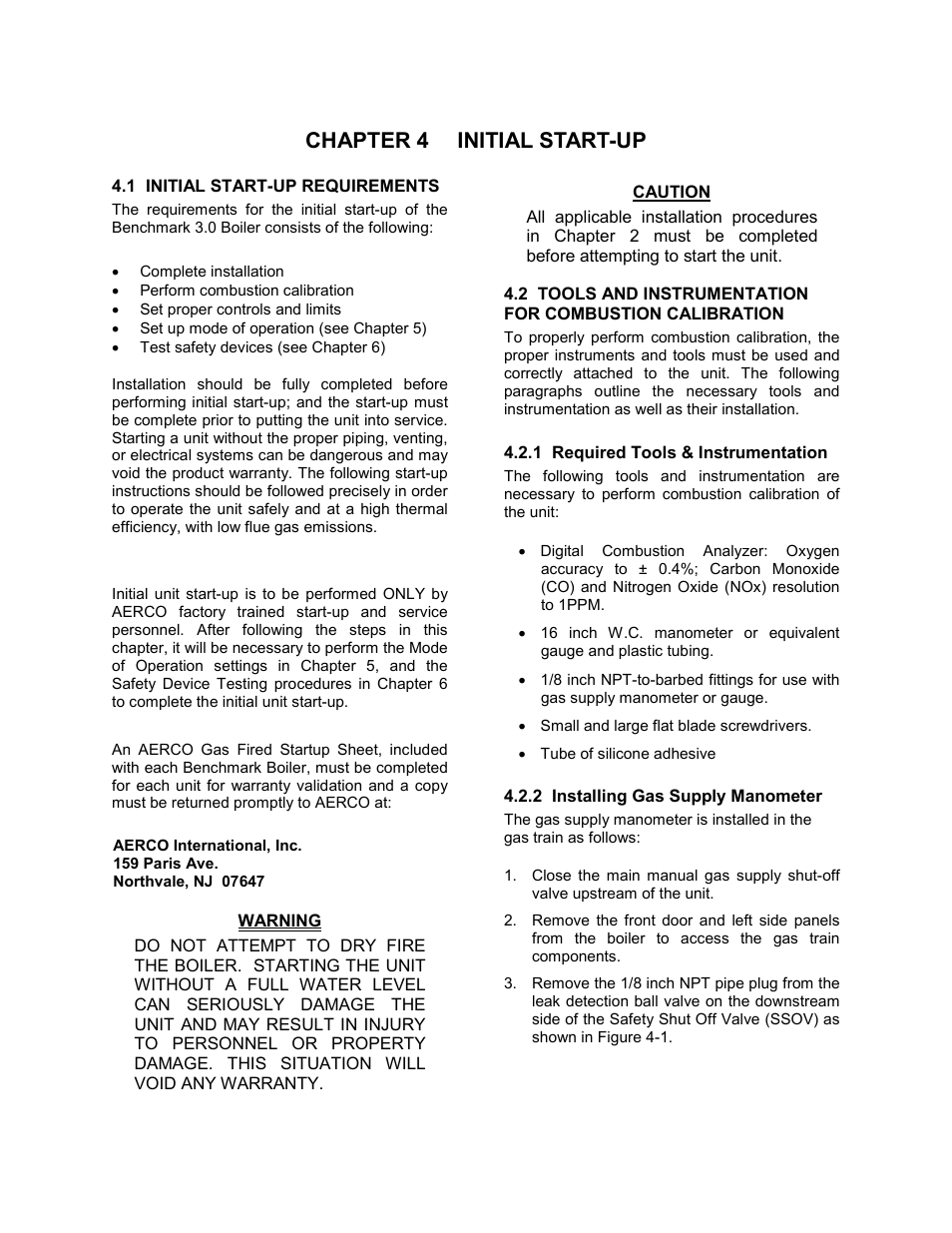 Chapter 4 - initial start-up, Initial start-up, Chapter 4 initial start-up | AERCO BMK 3.0 LN Nat. Gas for Mass. only User Manual | Page 35 / 127