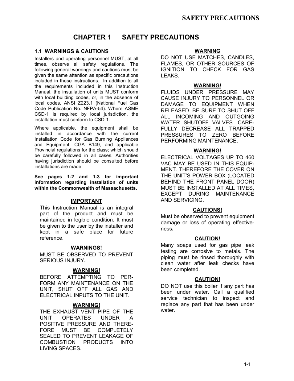 Chapter 1 - safety precautions | AERCO BMK 3.0 LN Nat. Gas for Mass. only User Manual | Page 9 / 127