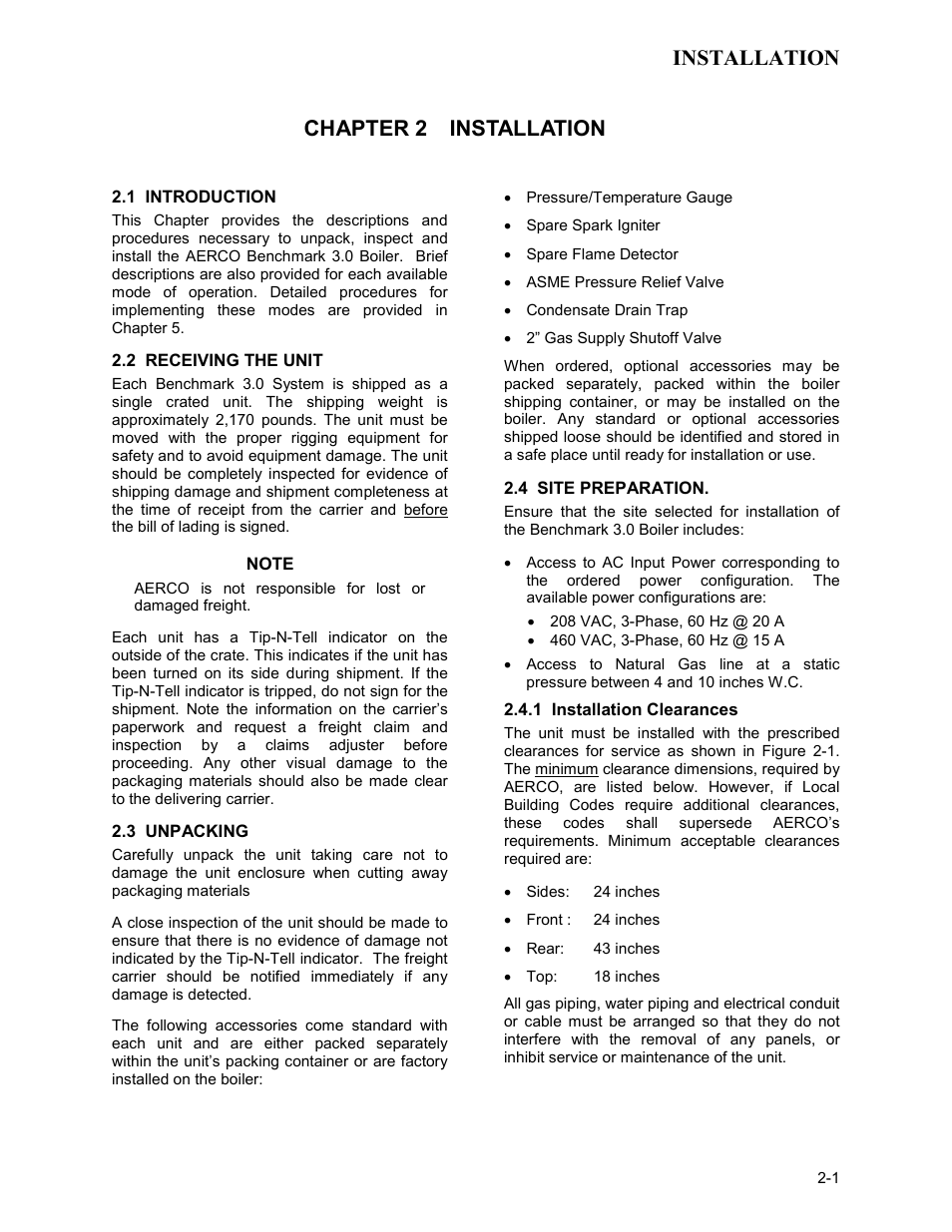 Chapter 2 - installation, Installation, Chapter 2 installation | AERCO BMK 3.0 LN Nat. Gas Jan 2009 User Manual | Page 11 / 121