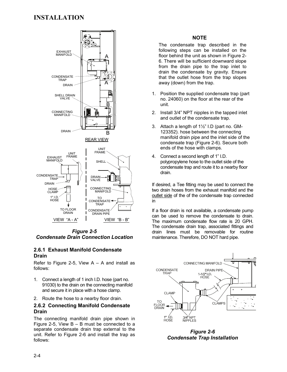 Installation, Ab b, Figure 2-5 condensate drain connection location | 1 exhaust manifold condensate drain, 2 connecting manifold condensate drain, Figure 2-6 condensate trap installation | AERCO BMK 3.0 LN Nat. Gas Jan 2009 User Manual | Page 14 / 121