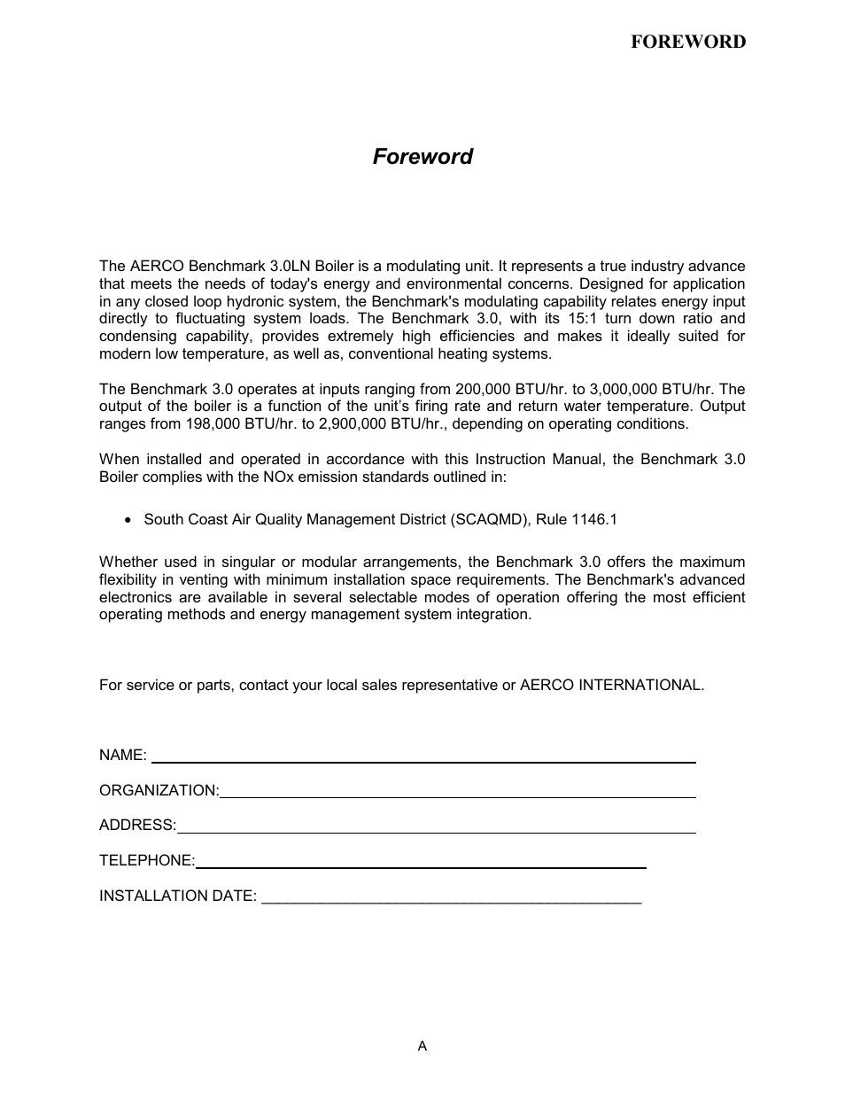 Foreword | AERCO BMK 3.0 LN Nat. Gas Jan 2009 User Manual | Page 7 / 121