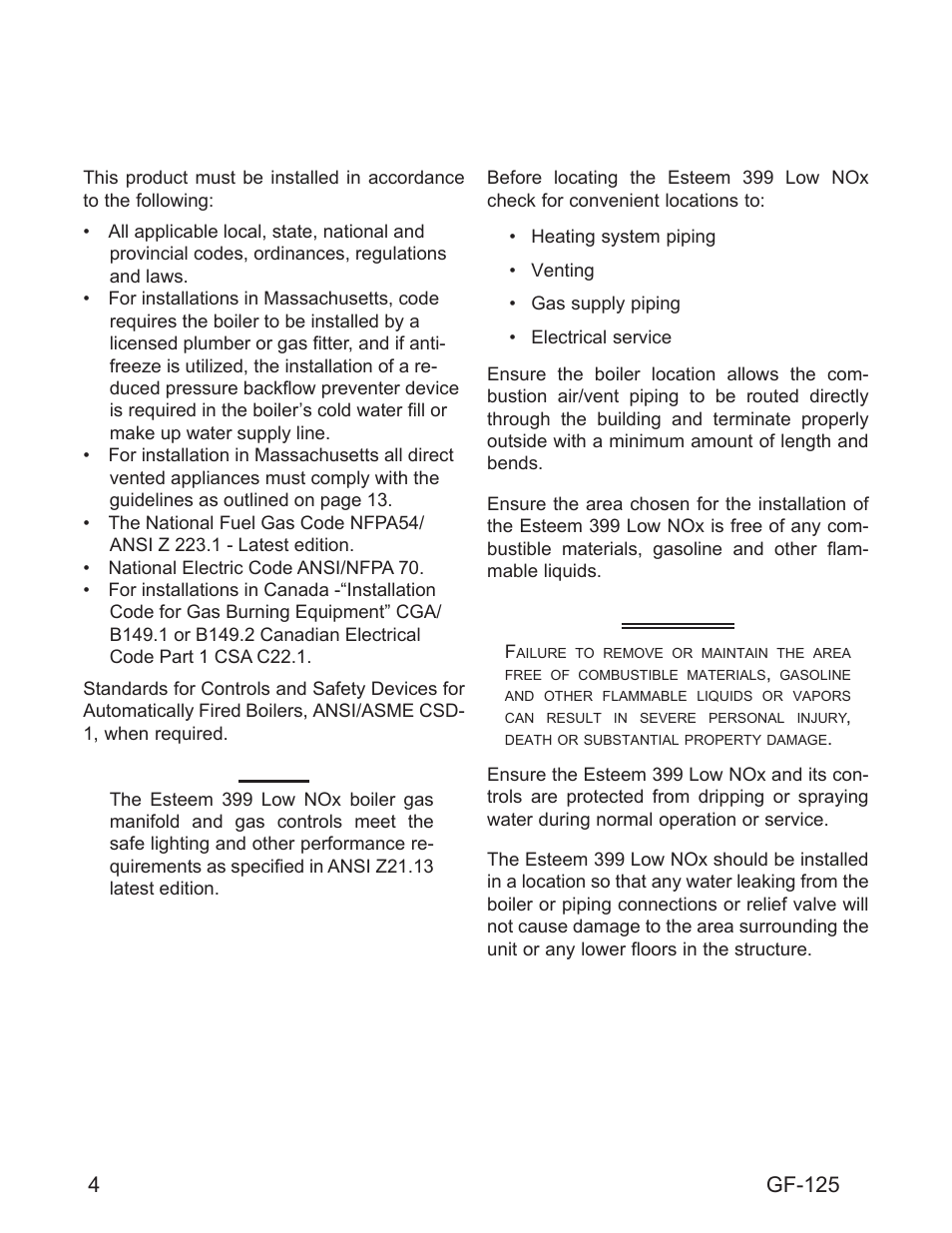 Chapter 2 pre-installation items, Warning, Code compliance | Determining product location, Gf-125 | AERCO Esteem O&M Manual User Manual | Page 10 / 98