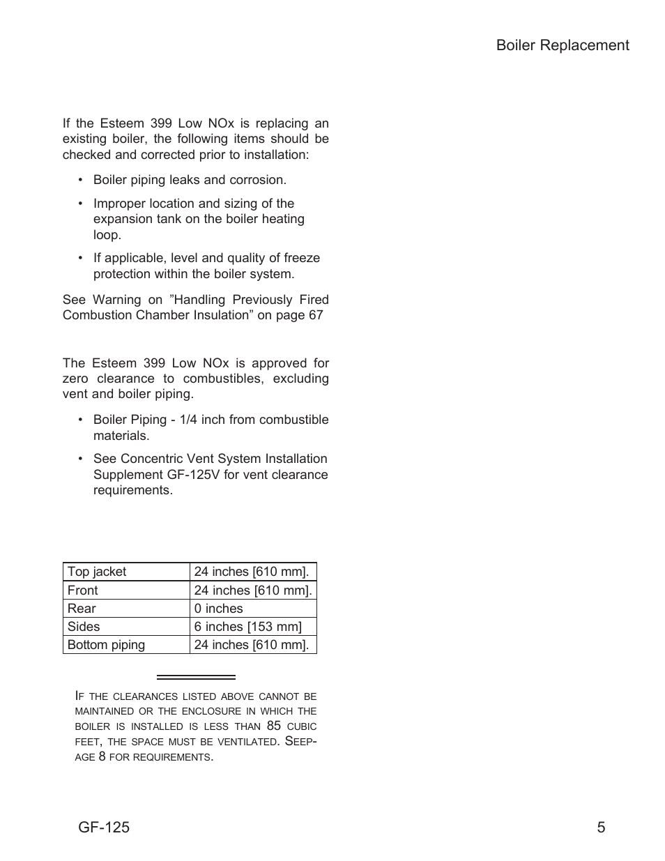 Warning, 5boiler replacement boiler replacement, Recommended clearances | Gf-125 | AERCO Esteem O&M Manual User Manual | Page 11 / 98