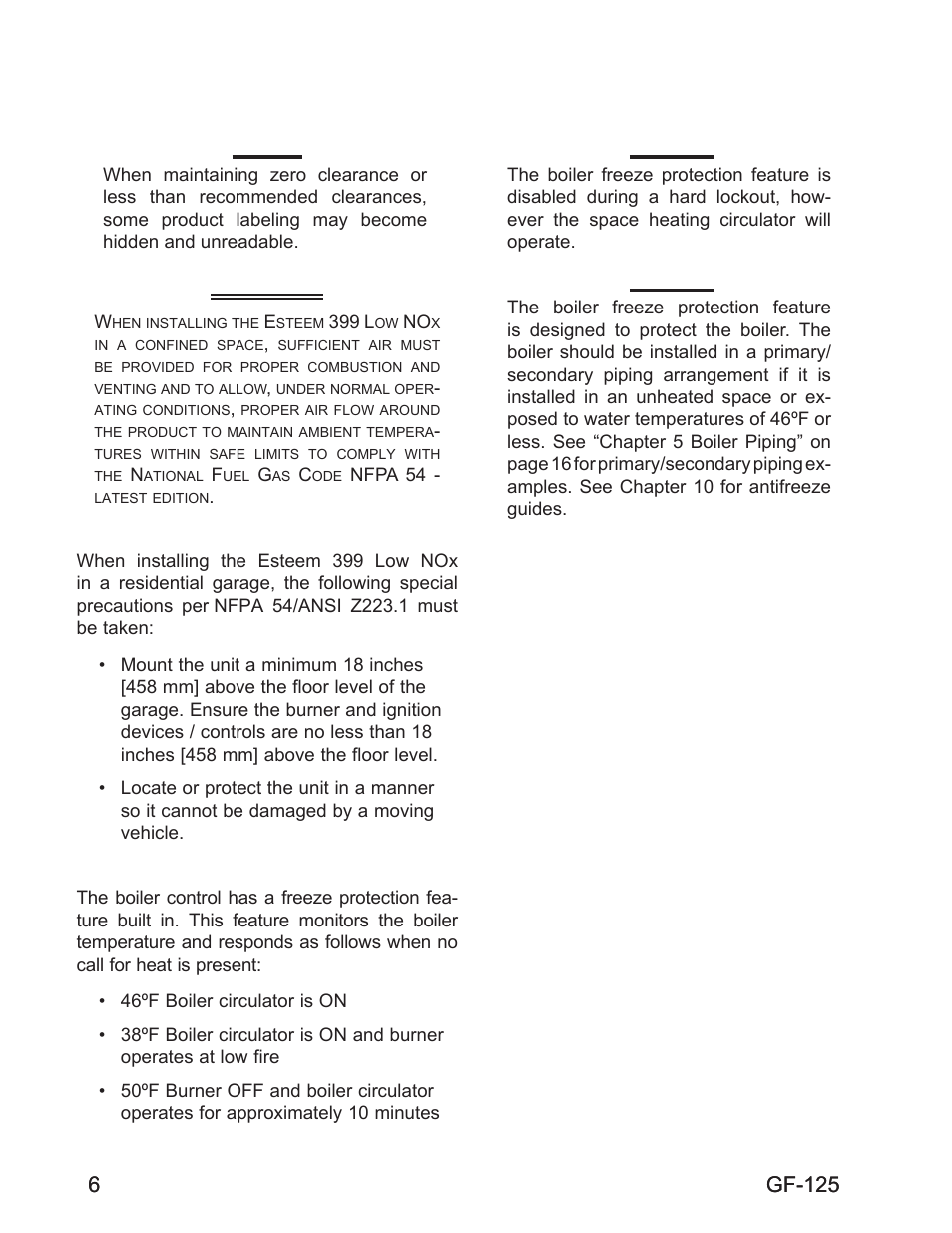 Warning, Residential garage installations, Boiler freeze protection feature | Gf-125 | AERCO Esteem O&M Manual User Manual | Page 12 / 98