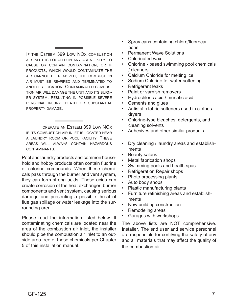 Chapter 3 combustion air and venting, Warning, 7combustion air contamination | Potential contaminating products, Areas likely to have contaminants, Gf-125 | AERCO Esteem O&M Manual User Manual | Page 13 / 98