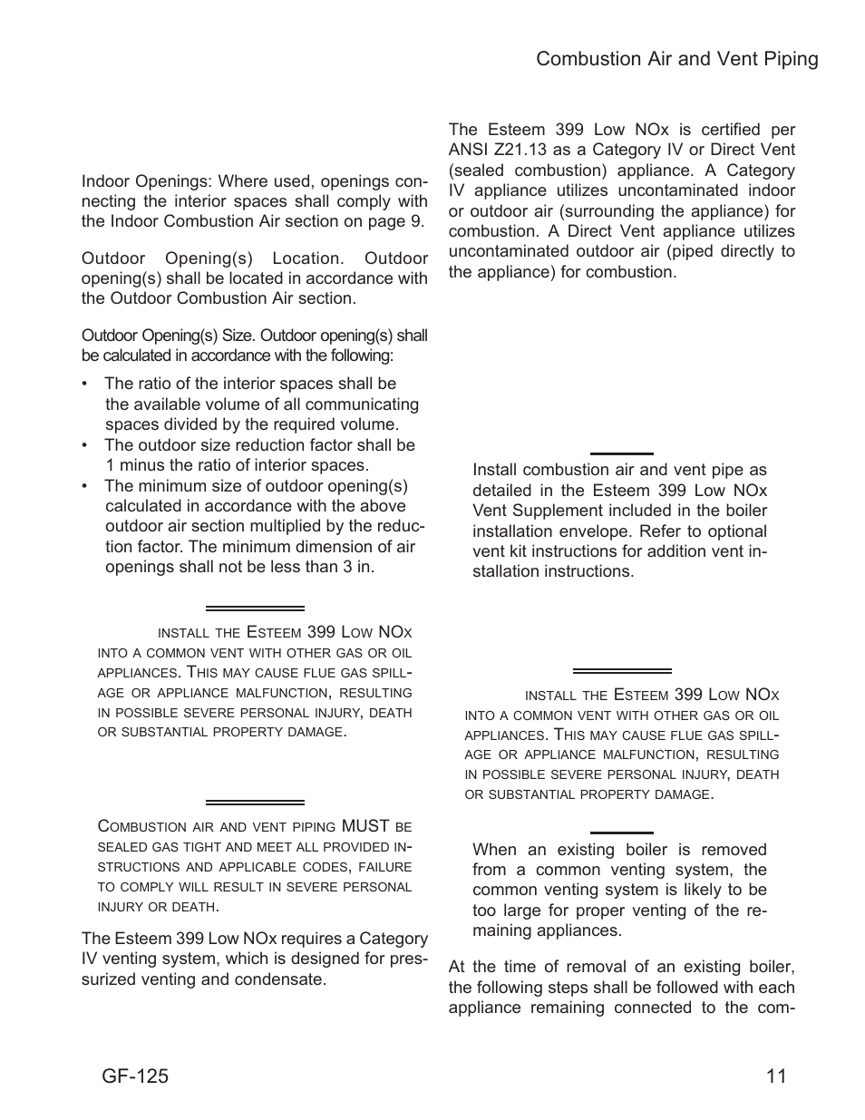 Danger, 11 combustion air and vent piping, Combustion air and vent piping | Gf-125 | AERCO Esteem O&M Manual User Manual | Page 17 / 98