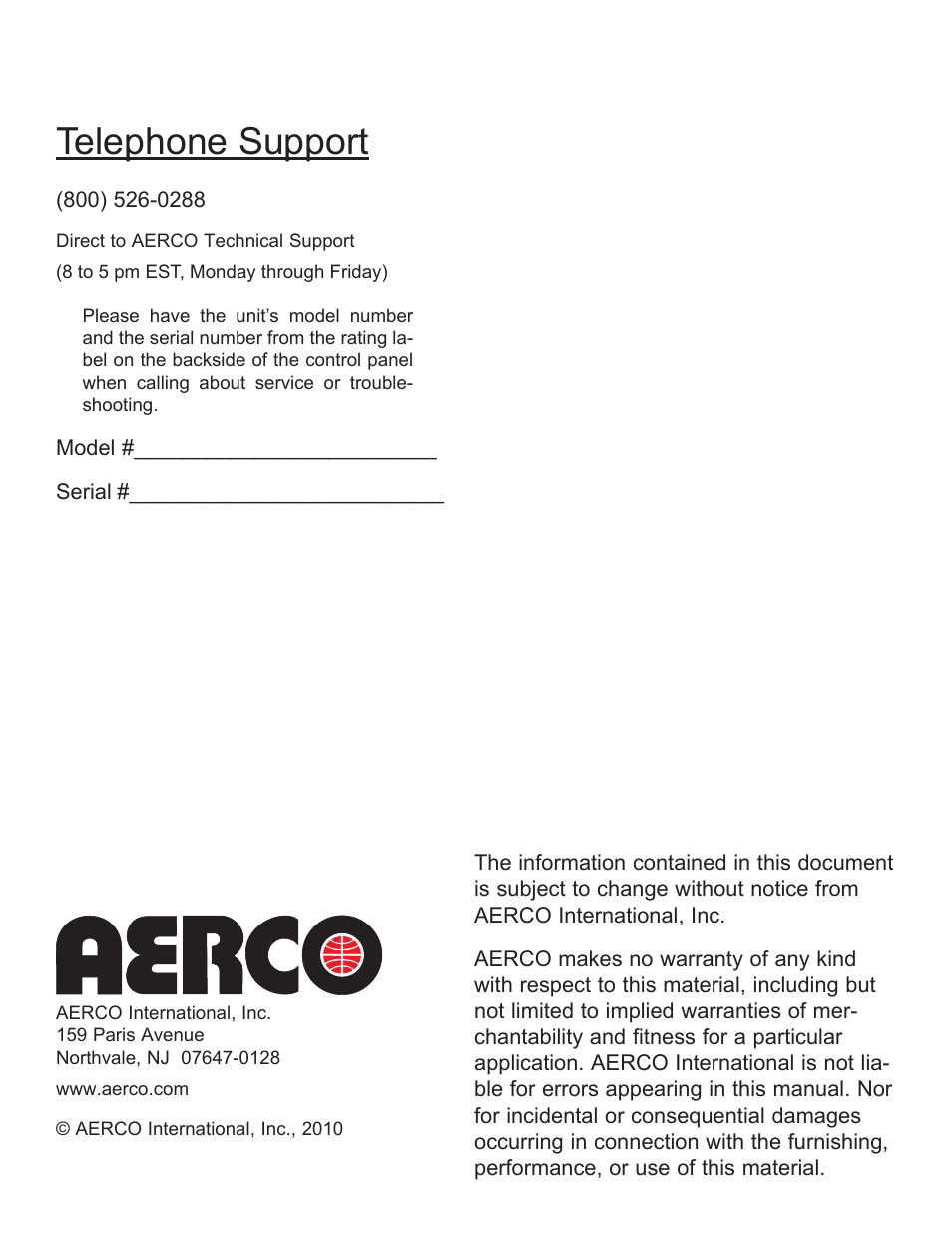 Telephone support | AERCO Esteem O&M Manual User Manual | Page 2 / 98