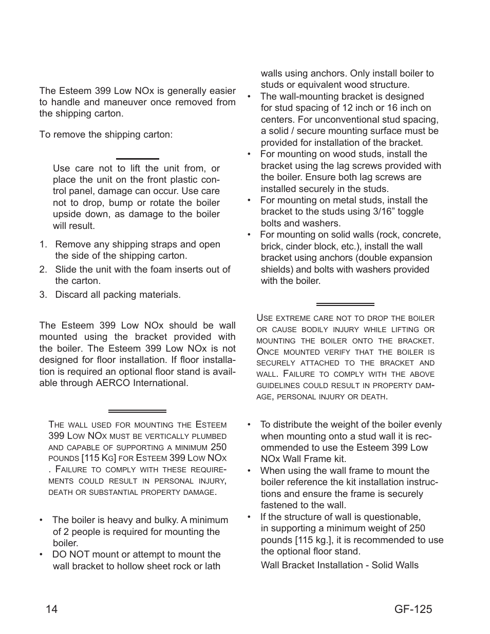 Chapter 4 unit preparations, Warning, 14 handling instructions | Wall mounting installation, Wall mounting guidelines, Stud wall installation, Gf-125 | AERCO Esteem O&M Manual User Manual | Page 20 / 98