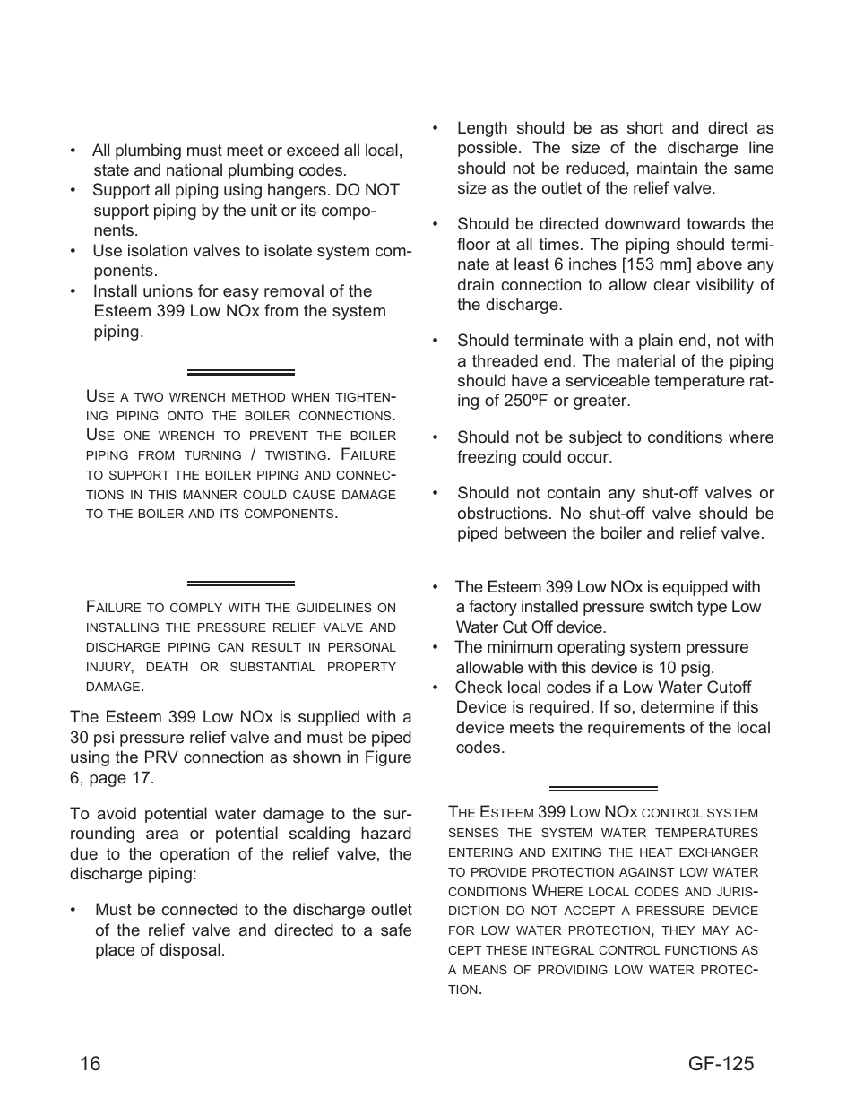 Chapter 5 boiler piping, Warning, 16 general piping requirements | Pressure relief valve, Low water cutoff device, Gf-125 | AERCO Esteem O&M Manual User Manual | Page 22 / 98
