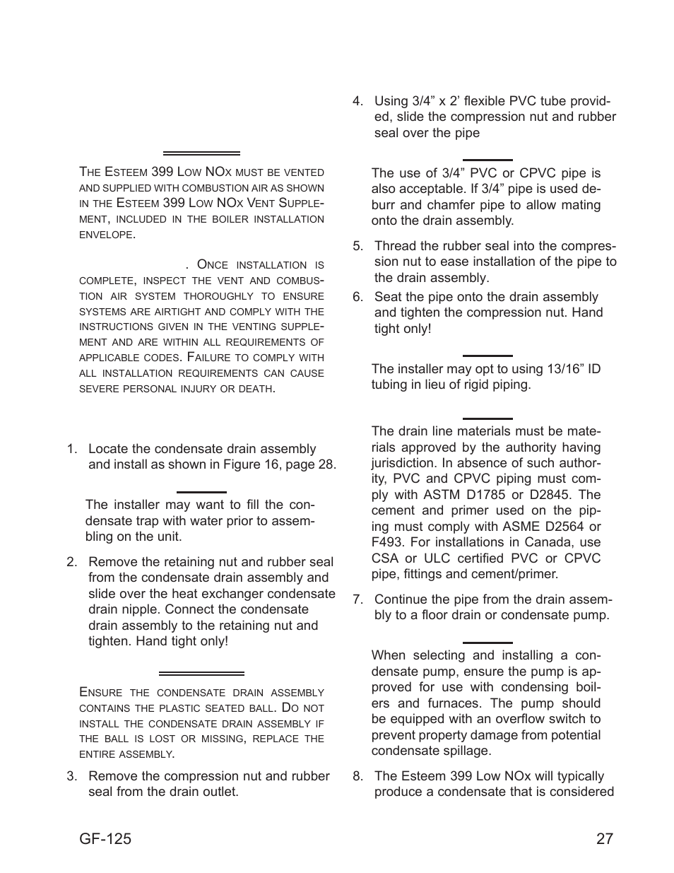 Chapter 6 installing vent, air intake & drain, Danger, Warning | 27 installing vent and combustion air intake, Installing condensate drain assembly, Gf-125 | AERCO Esteem O&M Manual User Manual | Page 33 / 98