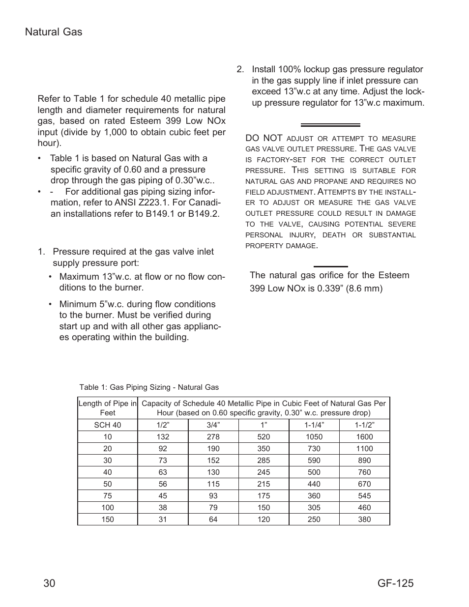 Warning, 30 natural gas natural gas, Gf-125 | AERCO Esteem O&M Manual User Manual | Page 36 / 98