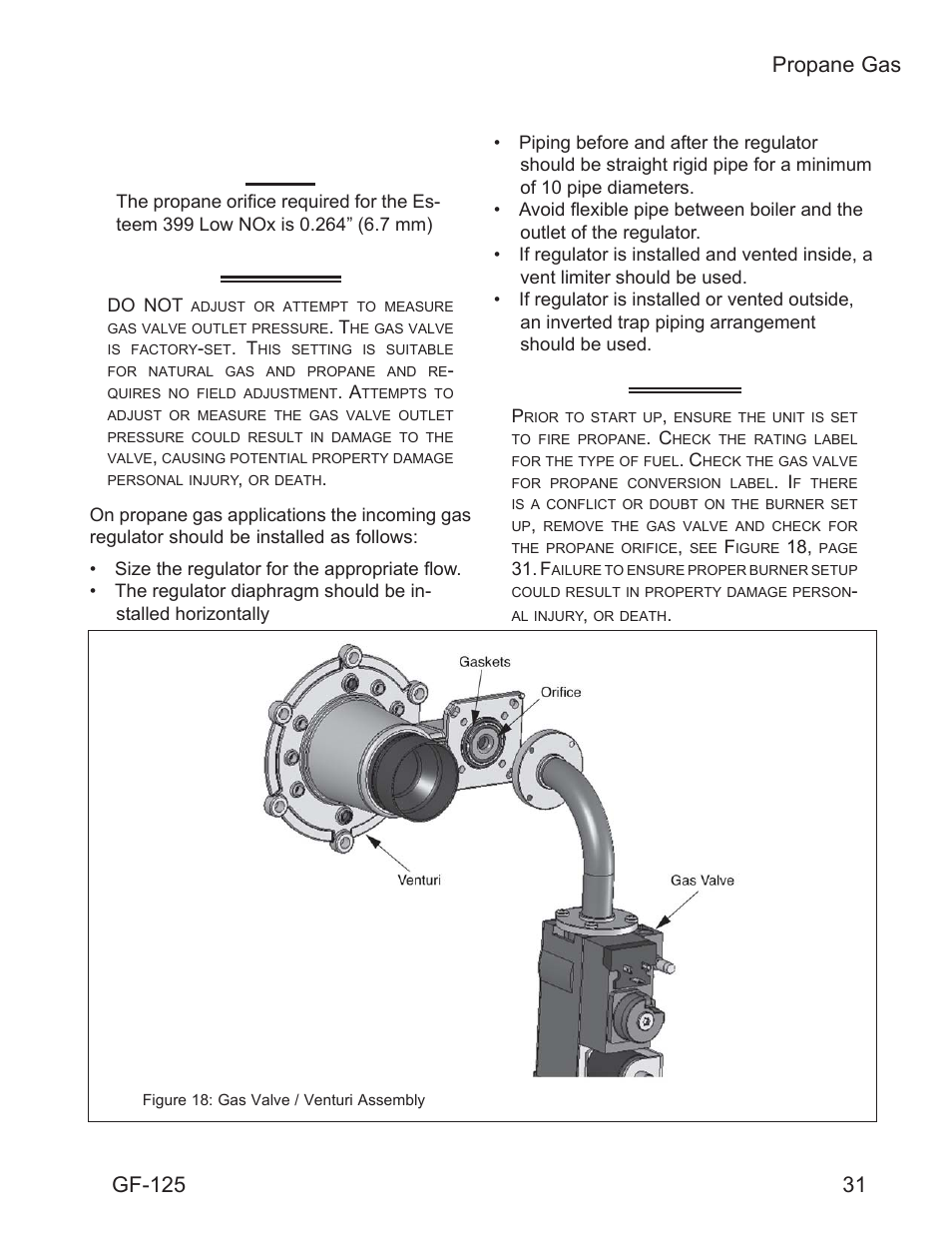 Warning, 31 propane gas, Propane gas | Gf-125 | AERCO Esteem O&M Manual User Manual | Page 37 / 98