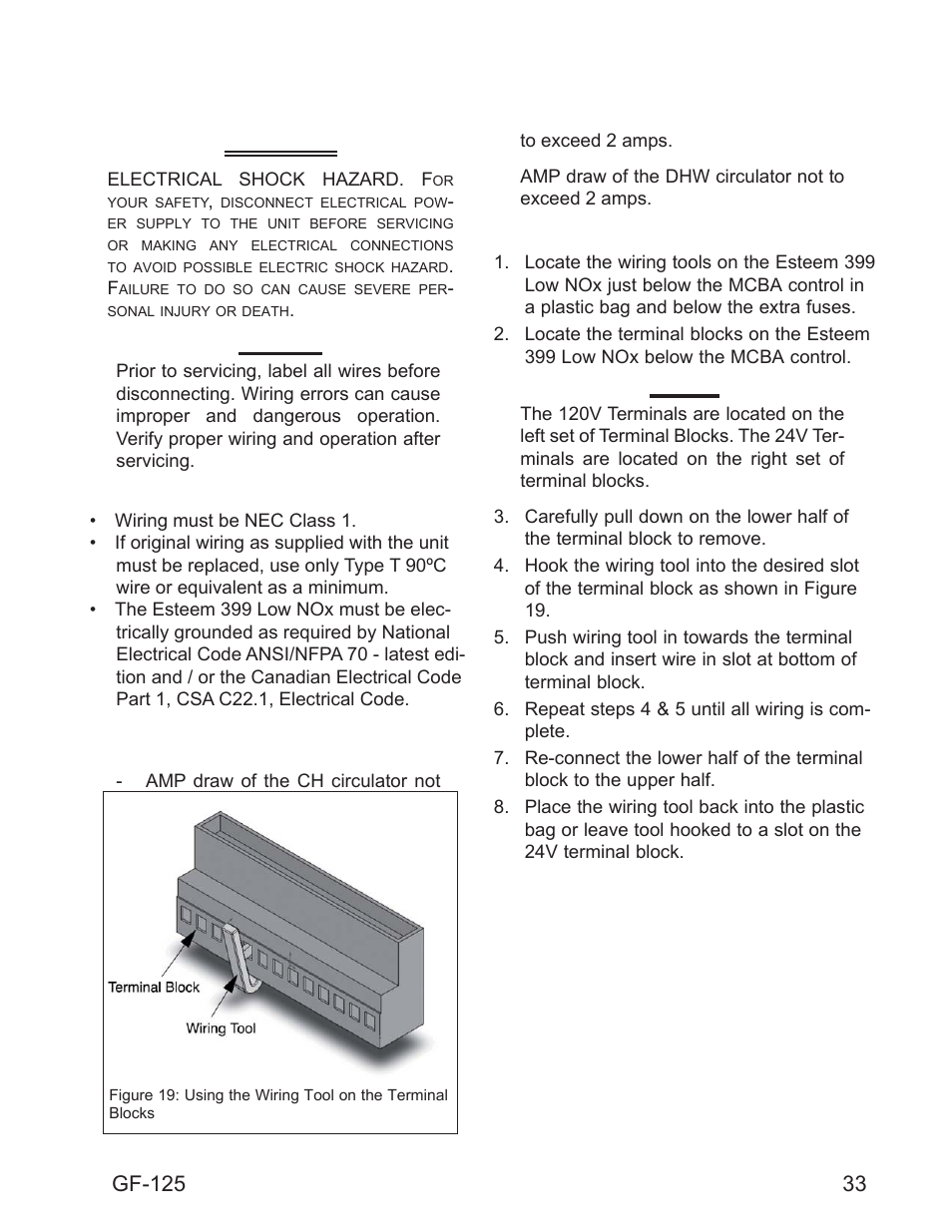 Chapter 8 internal wiring, Warning, General requirements | Control module circulator amp ratings, Wiring tool instructions, Gf-125 | AERCO Esteem O&M Manual User Manual | Page 39 / 98