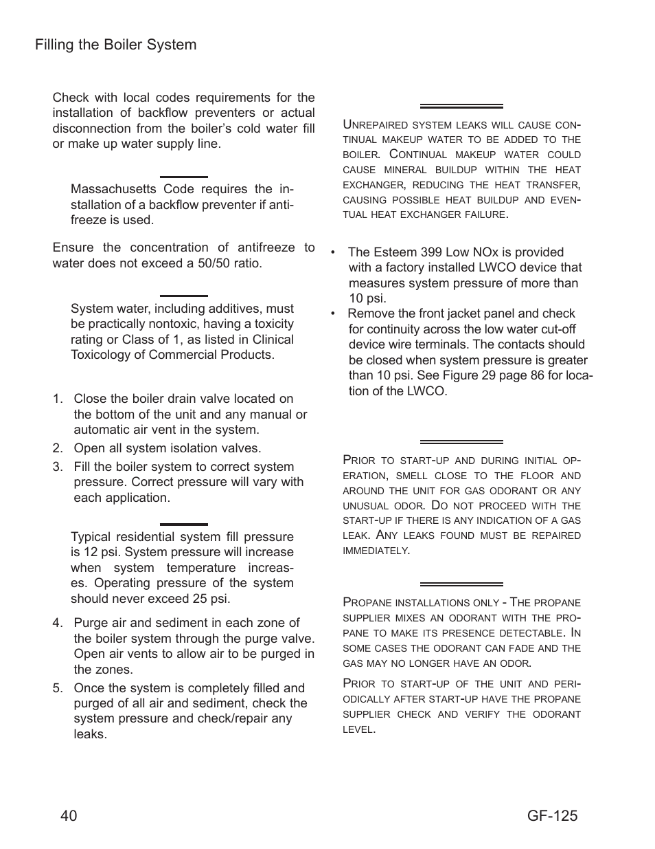 Warning, 40 filling the boiler system, Filling the boiler system | Check low water cut-off device, Check for gas leaks, Gf-125 | AERCO Esteem O&M Manual User Manual | Page 46 / 98