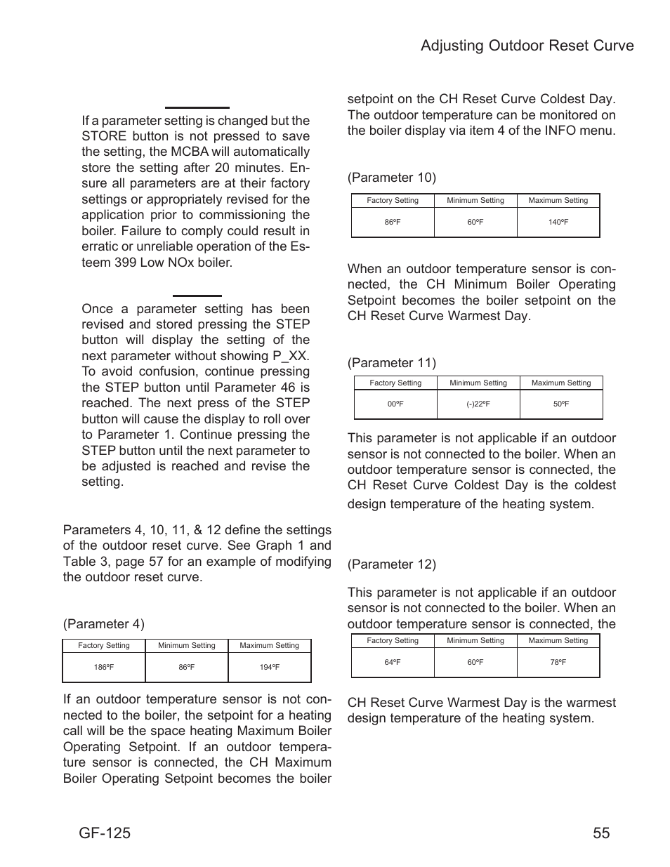 55 adjusting outdoor reset curve, Adjusting outdoor reset curve, Gf-125 | Ch m, Ch r | AERCO Esteem O&M Manual User Manual | Page 61 / 98