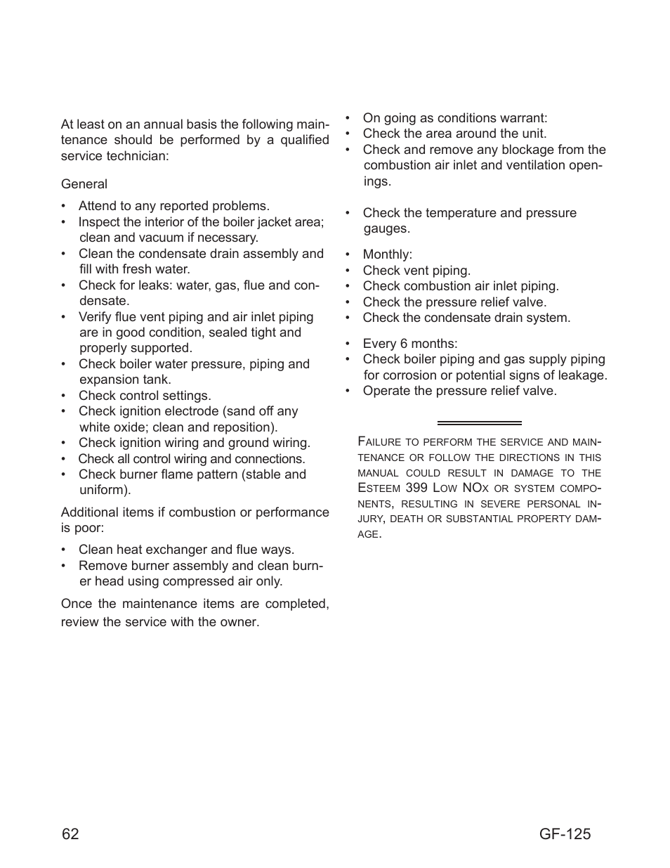 Chapter 17 maintenance schedule, Warning, 62 professional maintenance | Owner maintenance, Gf-125 | AERCO Esteem O&M Manual User Manual | Page 68 / 98