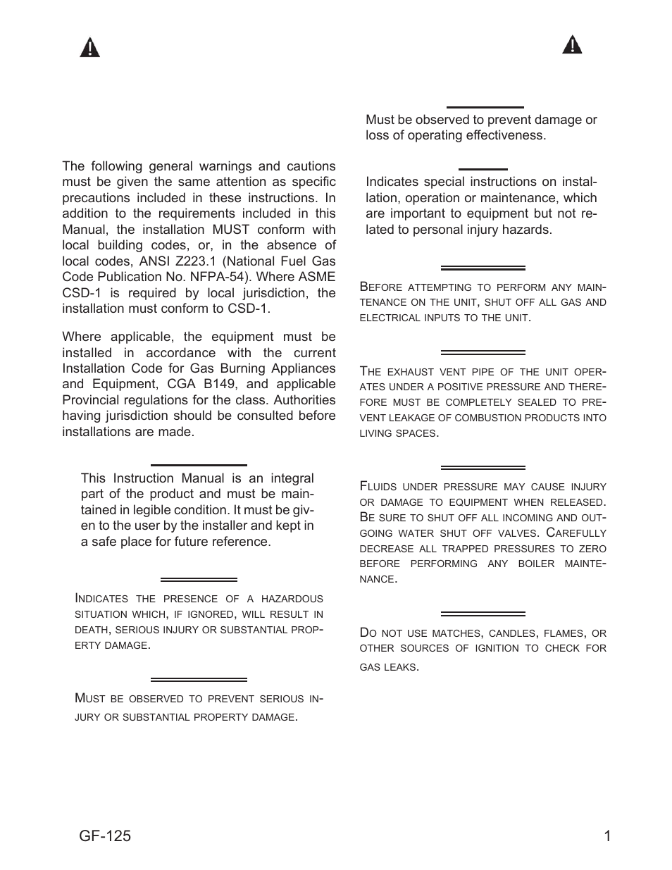 Chapter 1 warnings and cautions, Important, Danger | Warnings, Warning, Gf-125 | AERCO Esteem O&M Manual User Manual | Page 7 / 98