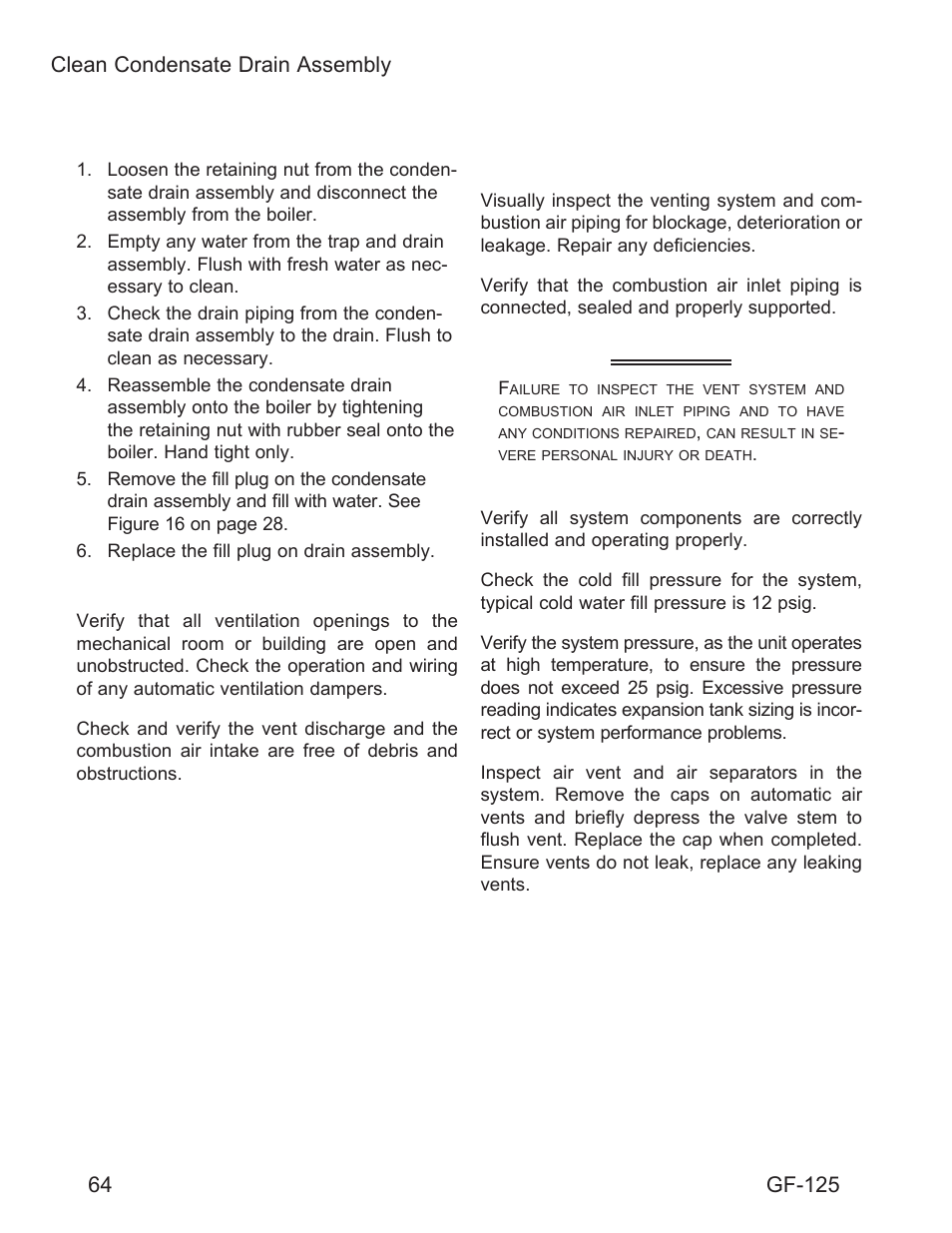 Warning, Check ventilation air openings, Inspect vent and combustion air piping | Check boiler system, Gf-125 | AERCO Esteem O&M Manual User Manual | Page 70 / 98