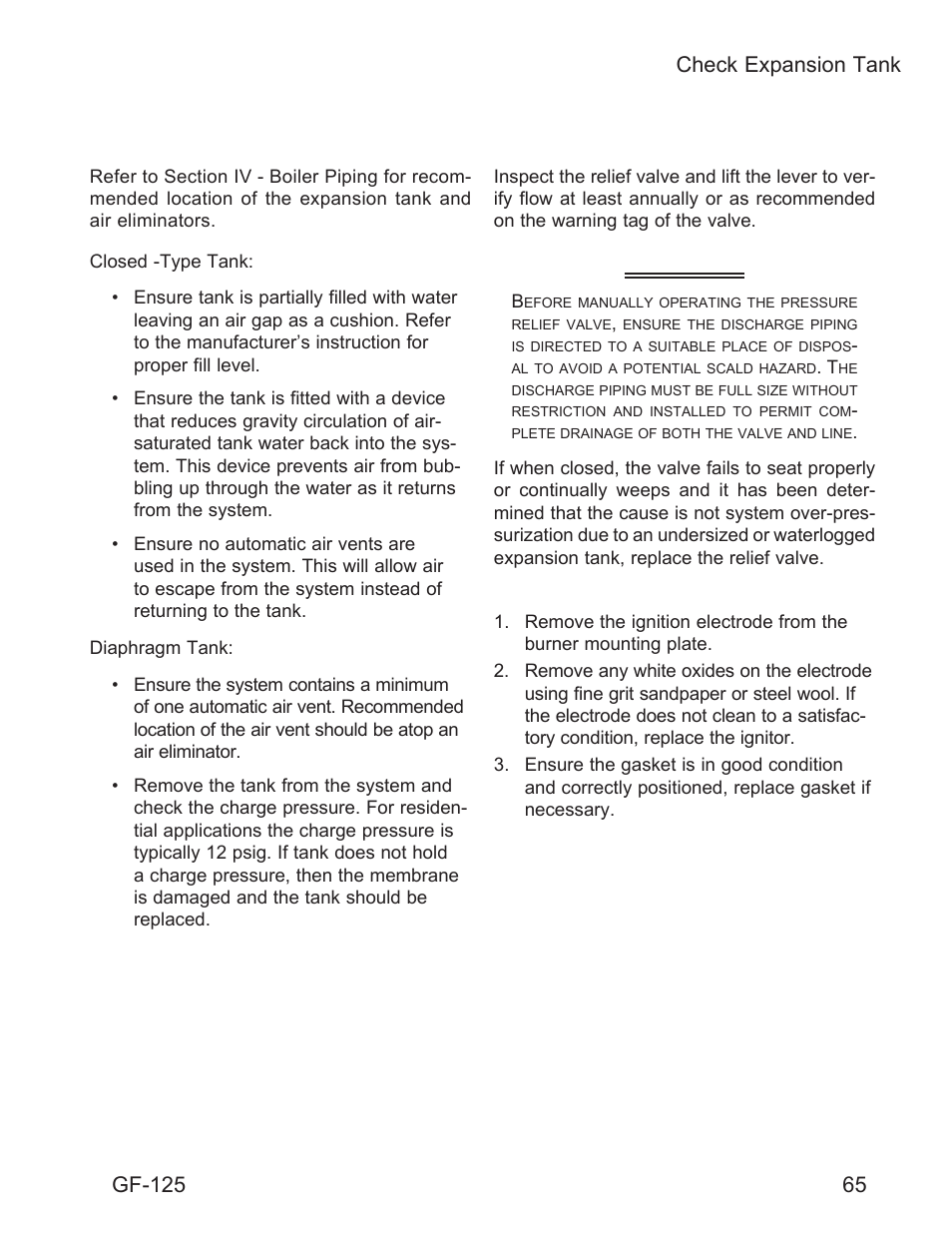 Warning, 65 check expansion tank check expansion tank, Check boiler relief valve | Inspect ignition electrode, Gf-125 | AERCO Esteem O&M Manual User Manual | Page 71 / 98