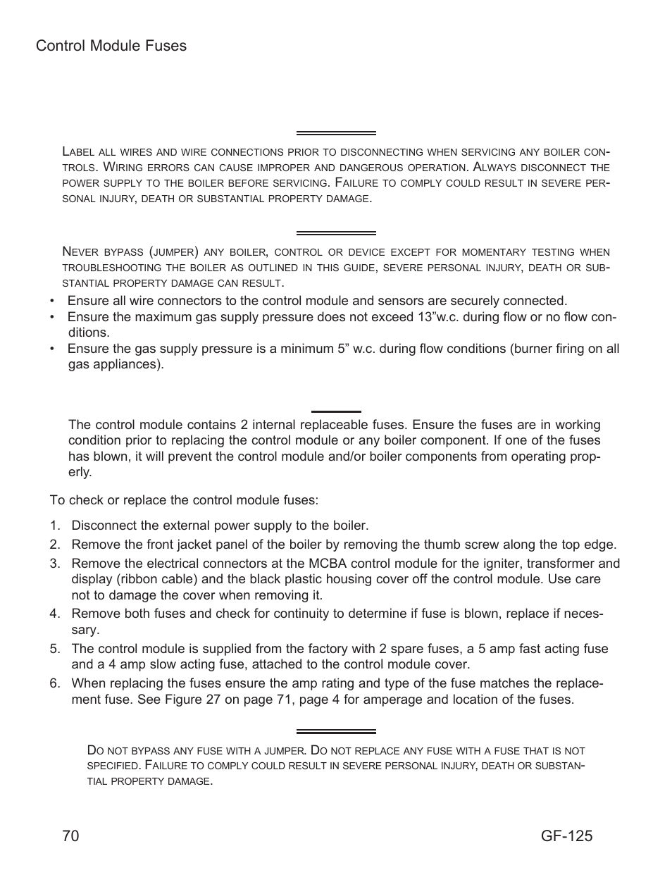 Initial troubleshooting checks, Warning, 70 control module fuses | Control module fuses, Gf-125 | AERCO Esteem O&M Manual User Manual | Page 76 / 98