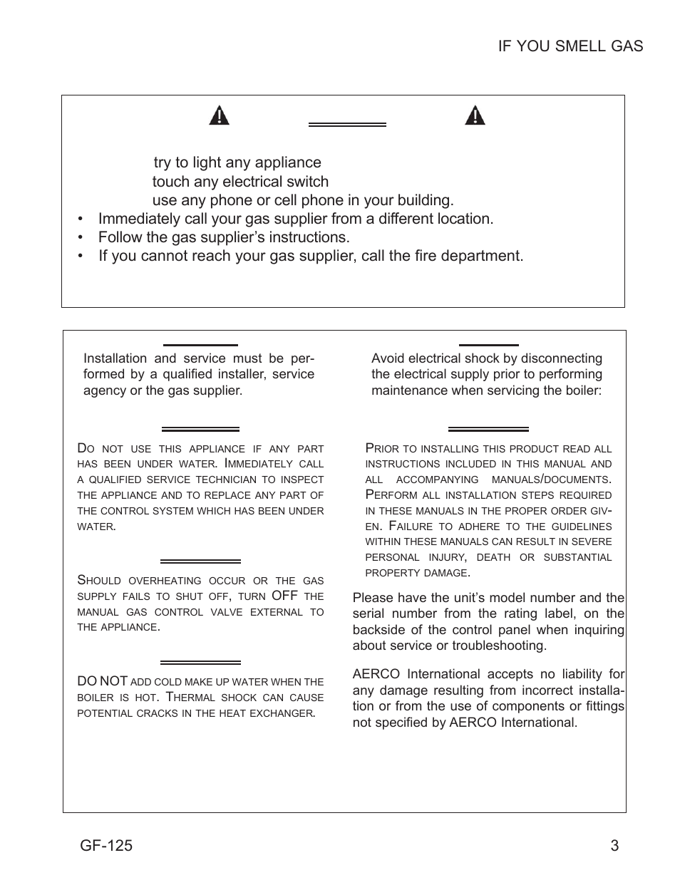 Danger, Warning, 3if you smell gas | Gf-125 | AERCO Esteem O&M Manual User Manual | Page 9 / 98