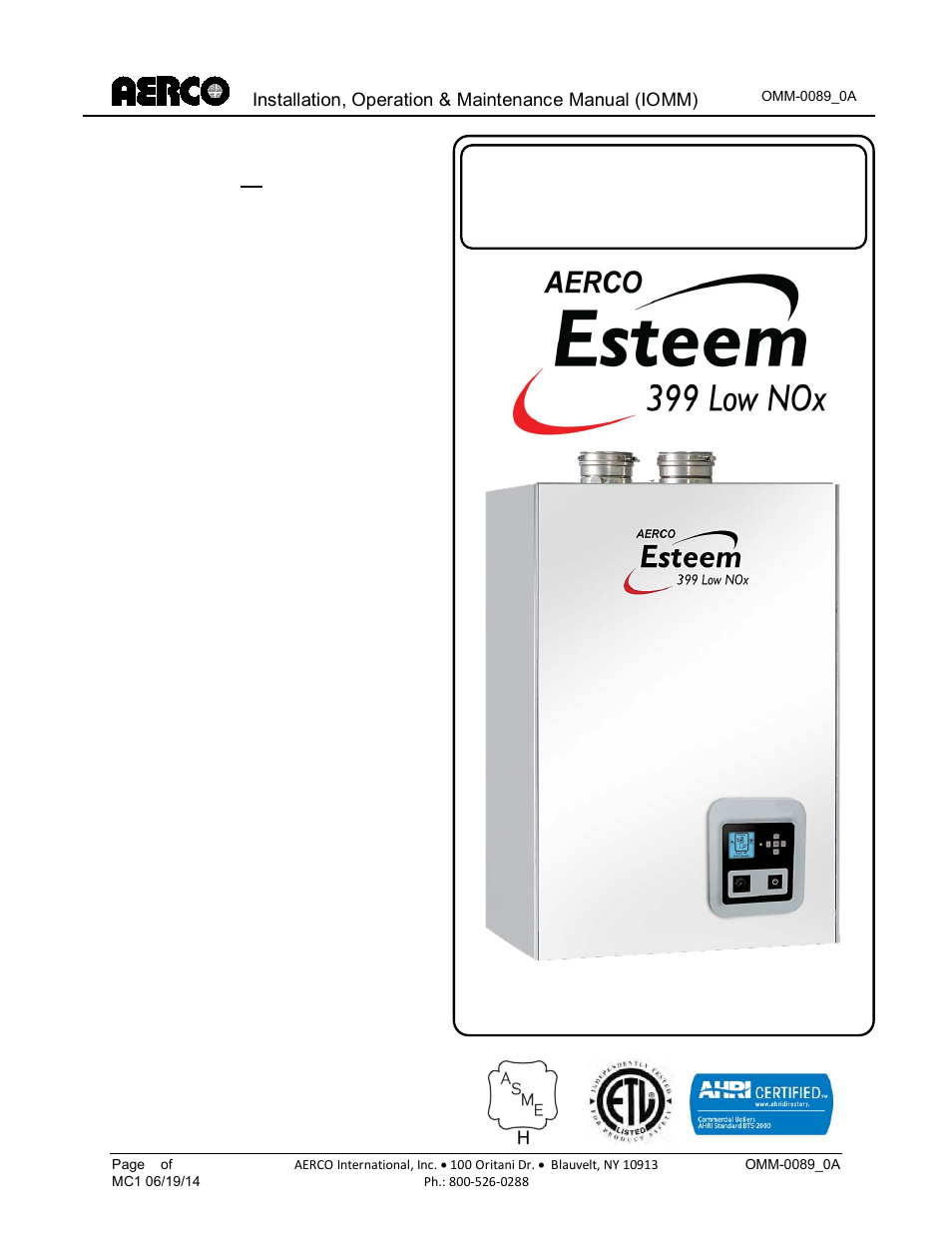 AERCO Esteem Boiler with EZ-Set Controller User Manual | 188 pages
