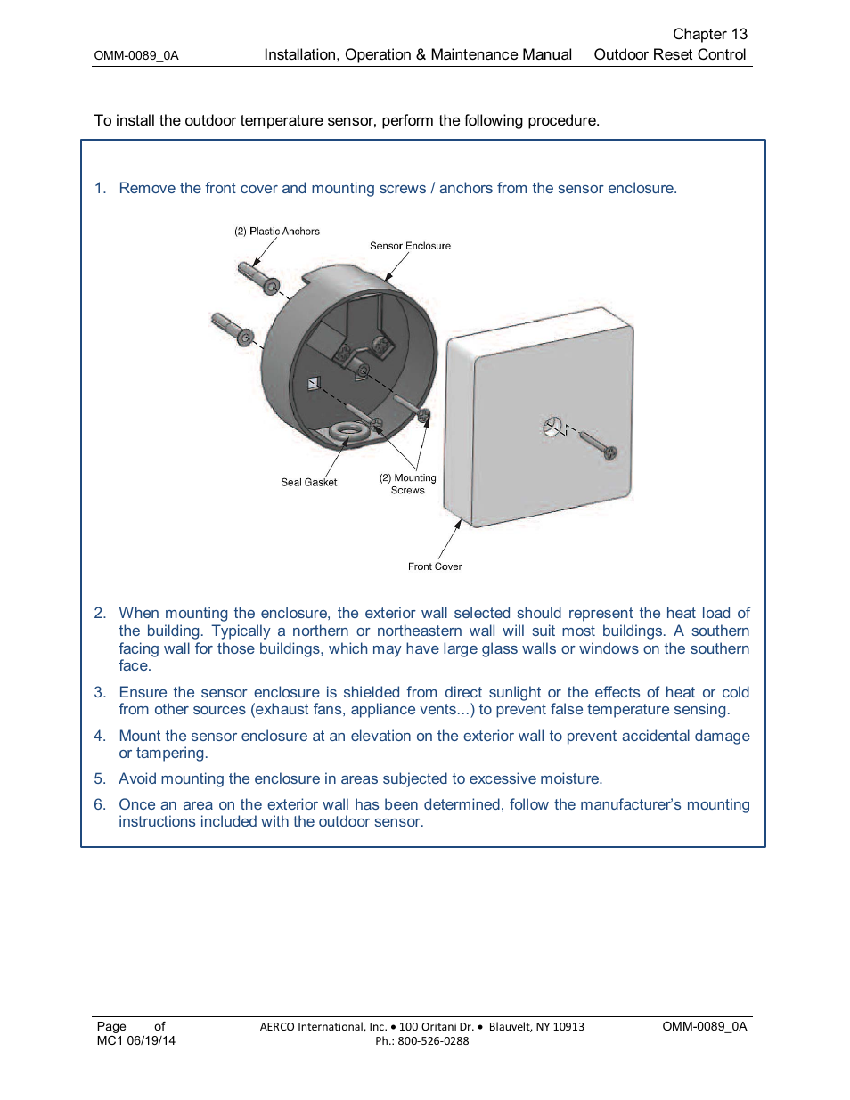 1 outdoor temperature sensor installation | AERCO Esteem Boiler with EZ-Set Controller User Manual | Page 100 / 188