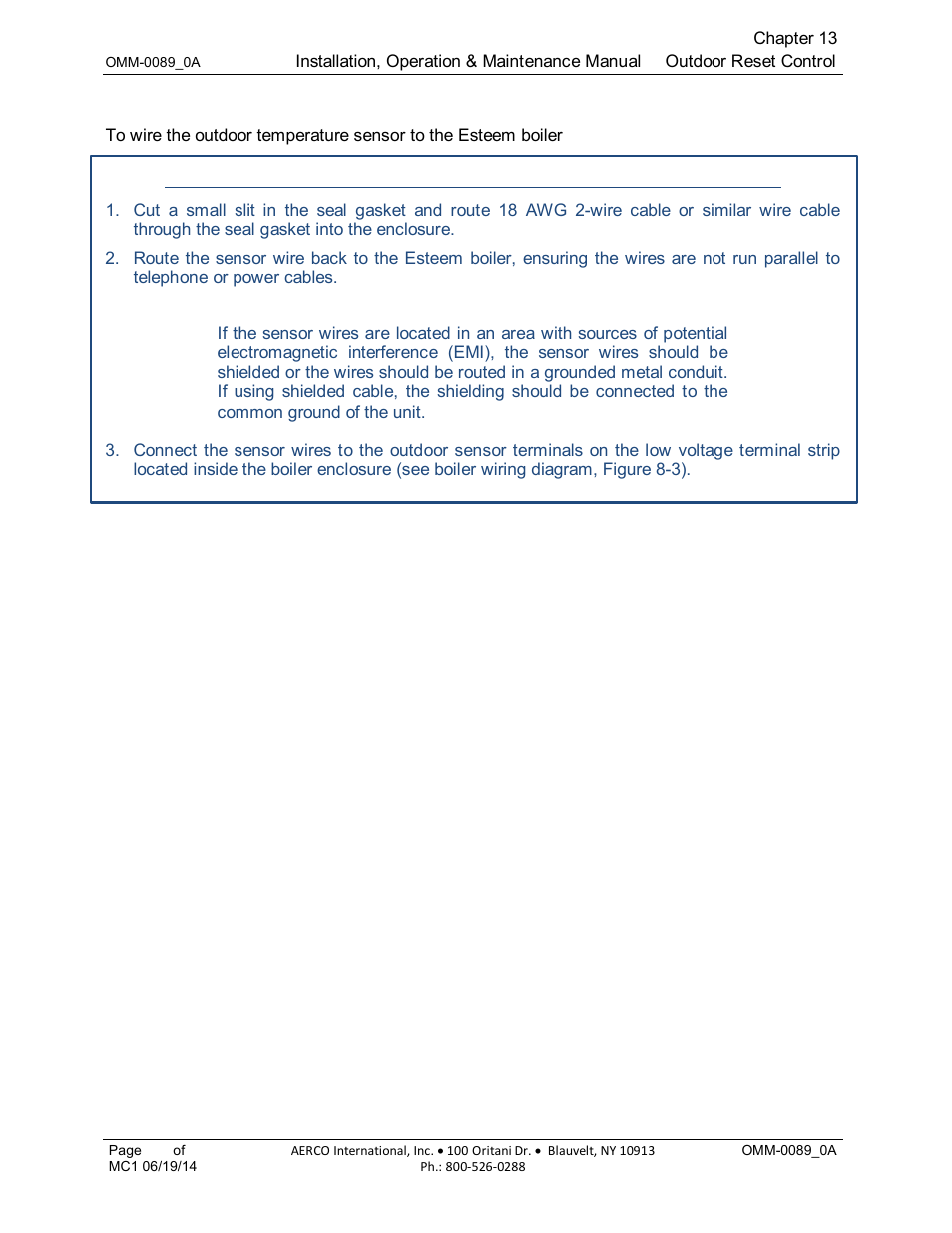2 outdoor temperature sensor wiring | AERCO Esteem Boiler with EZ-Set Controller User Manual | Page 101 / 188