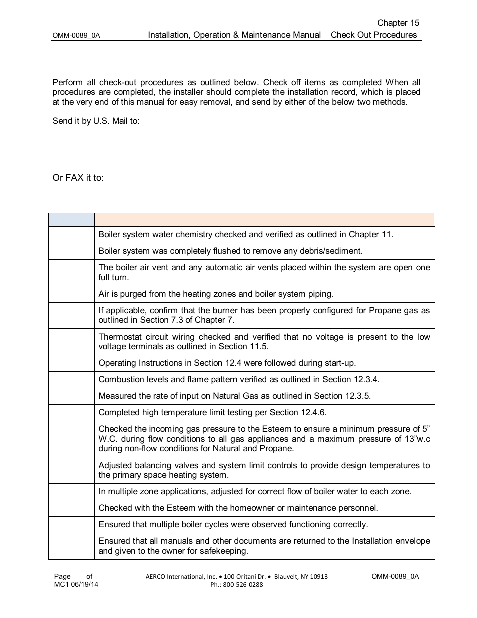 Chapter 15: check-out procedures, Chapter 15, Check-out procedures | AERCO Esteem Boiler with EZ-Set Controller User Manual | Page 105 / 188