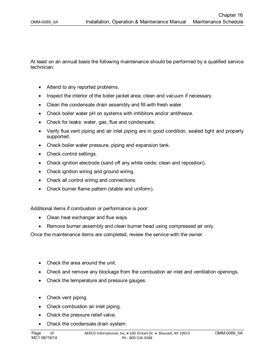 Chapter 16: maintenance schedule, 1 service technician maintenance, 1 general maintenance | 2 poor performance maintenance, 3 owner maintenance, Chapter 16, Maintenance schedule | AERCO Esteem Boiler with EZ-Set Controller User Manual | Page 107 / 188