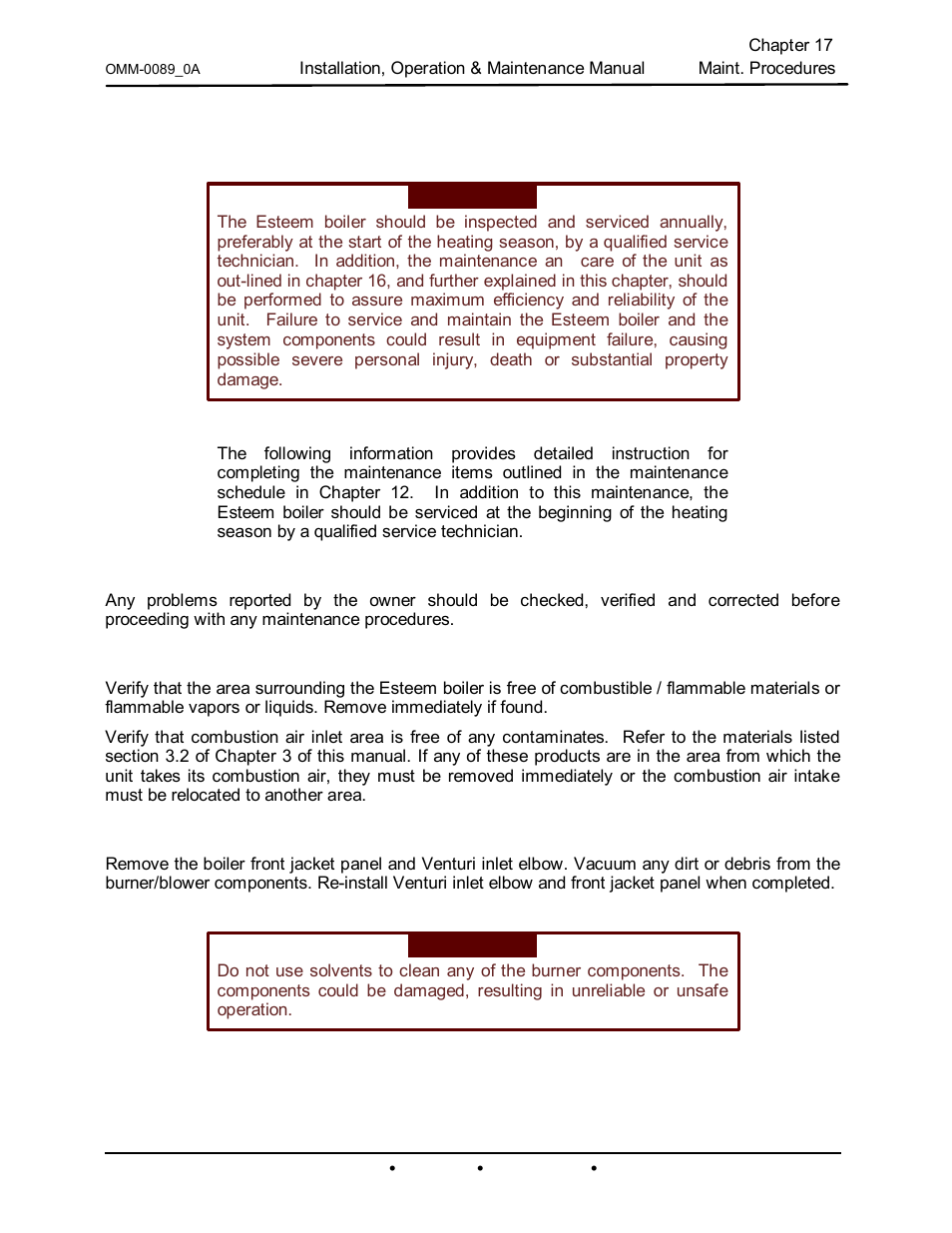 Chapter 17: maintenance procedures, 1 reported problems, 2 surrounding area inspection | 3 burner area inspection, Chapter 17, Maintenance procedures | AERCO Esteem Boiler with EZ-Set Controller User Manual | Page 109 / 188