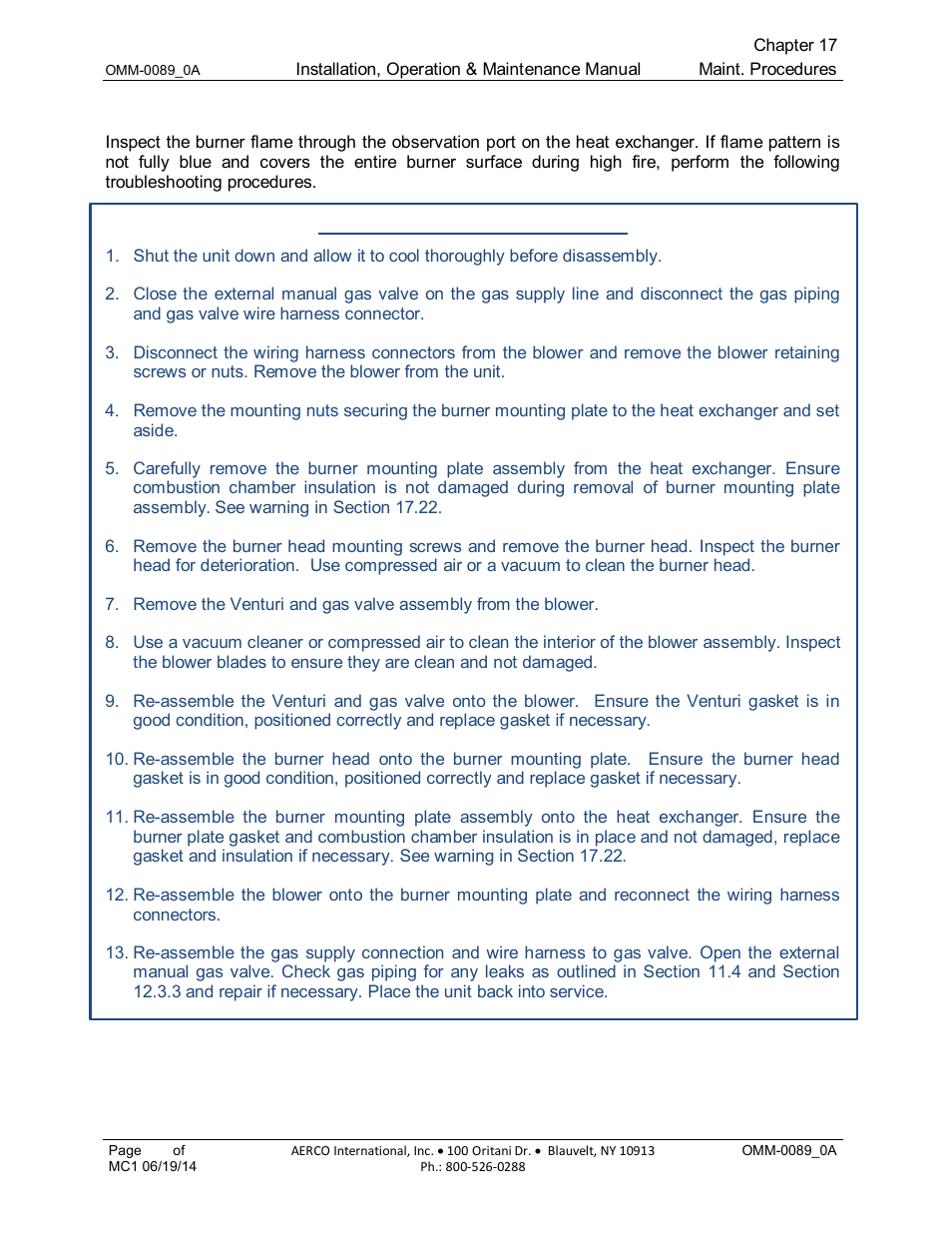 16 burner flame inspection and troubleshooting | AERCO Esteem Boiler with EZ-Set Controller User Manual | Page 113 / 188
