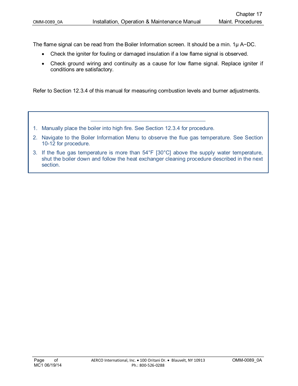 17 flame signal inspection, 18 combustion levels inspection, 19 flue gas temperature check | AERCO Esteem Boiler with EZ-Set Controller User Manual | Page 114 / 188