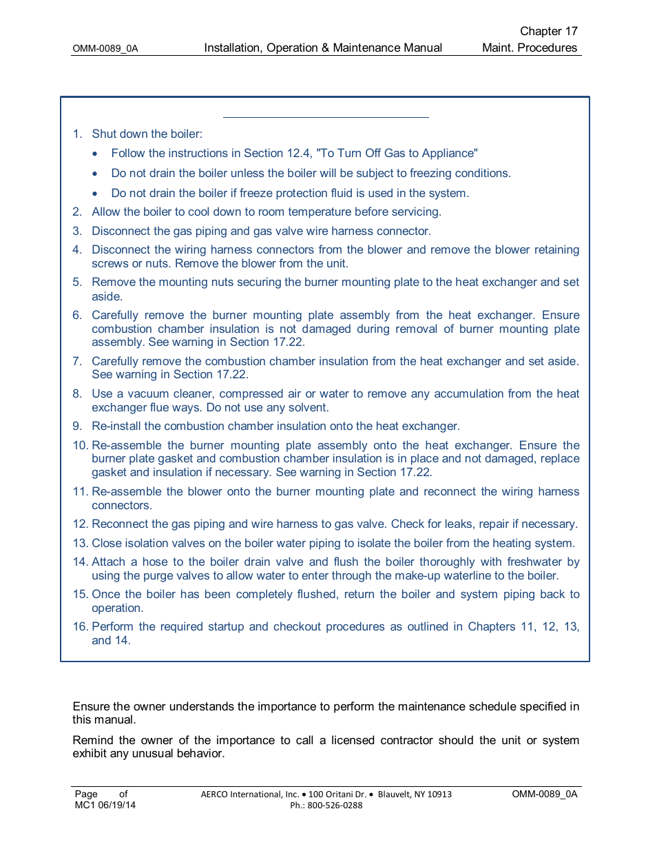 20 heat exchanger cleaning, 21 reviewing maintenance requirements with owner | AERCO Esteem Boiler with EZ-Set Controller User Manual | Page 115 / 188