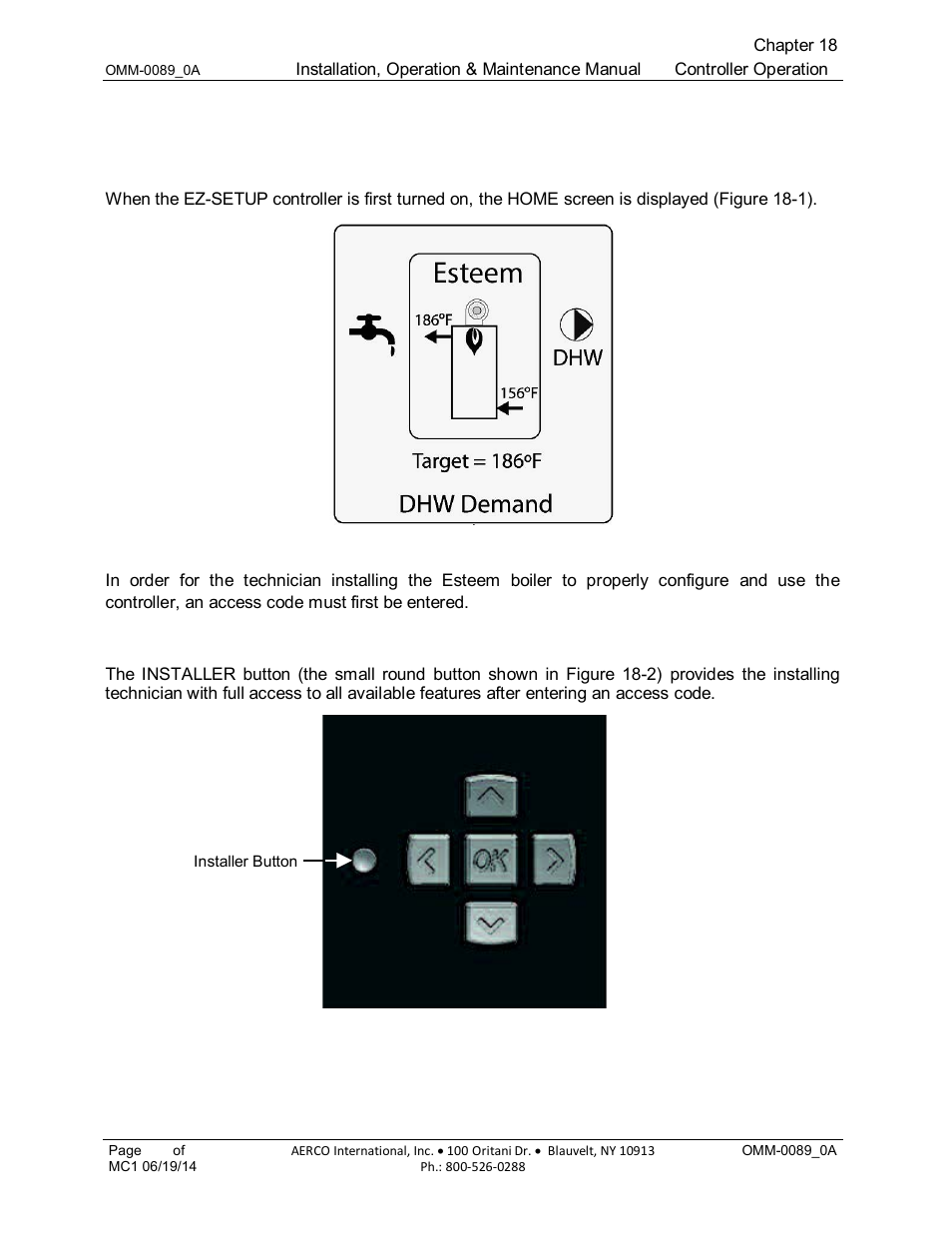 1 entering the installer access code, Chapter 18, Ez-setup controller operation and settings | AERCO Esteem Boiler with EZ-Set Controller User Manual | Page 117 / 188