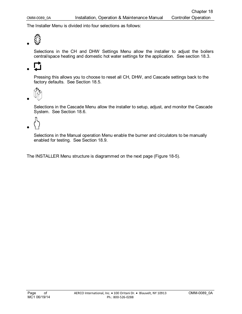 Ch and dhw settings menu, Reset all settings, Cascade menu | Manual operation menu | AERCO Esteem Boiler with EZ-Set Controller User Manual | Page 119 / 188
