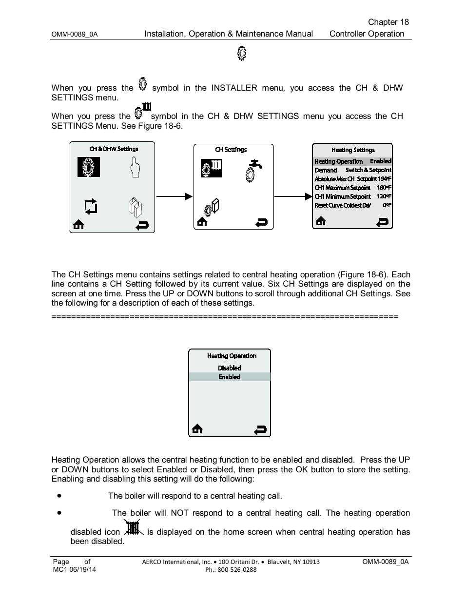 3 ch and dhw settings menu, 1 heating operation (default: enabled) | AERCO Esteem Boiler with EZ-Set Controller User Manual | Page 121 / 188