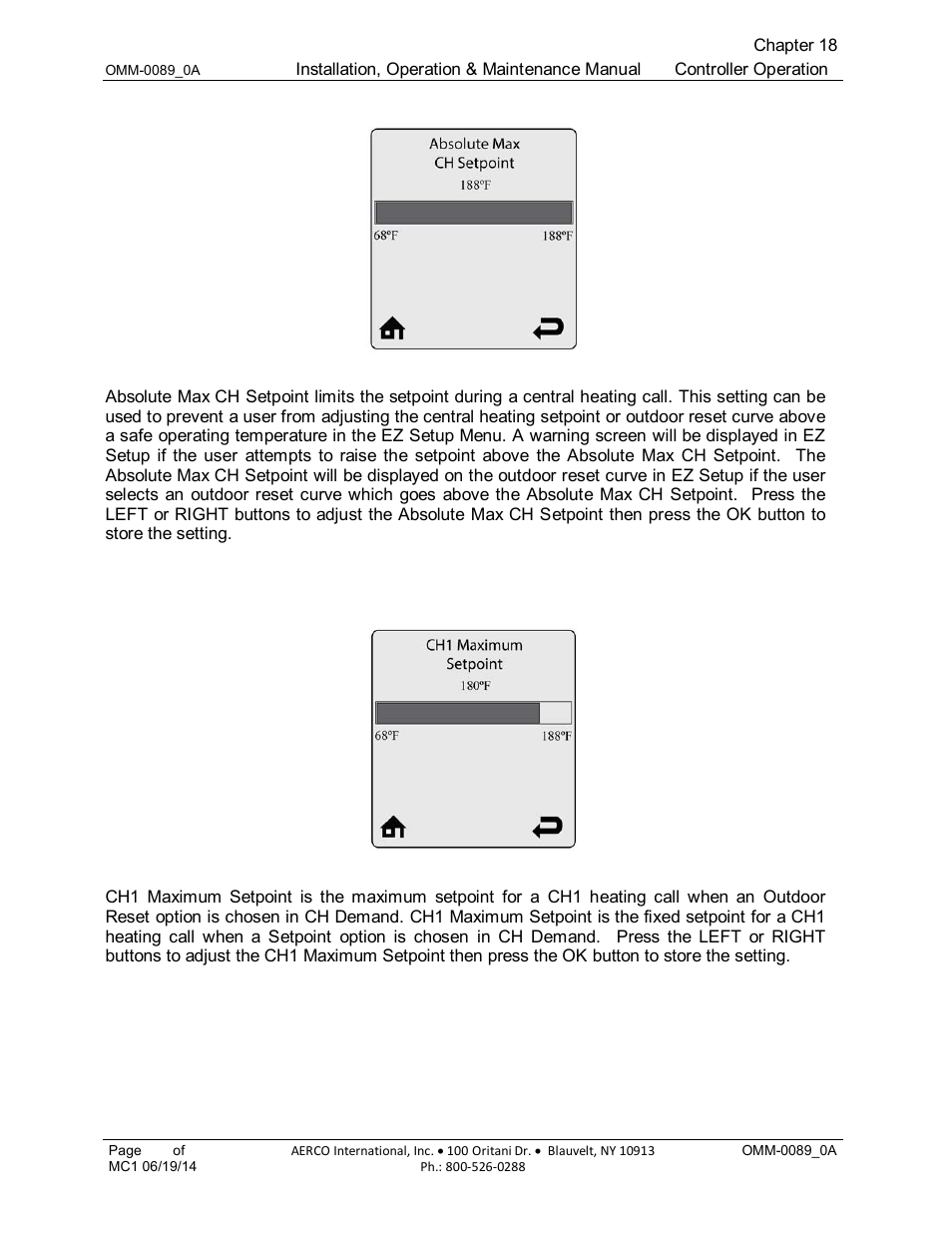 3 absolute max ch setpoint (default: 188 f [87 c]), 4 ch1 maximum setpoint (default: 180 f [82 c]), 3 absolute max ch setpoint (default: 188°f [87°c]) | 4 ch1 maximum setpoint (default: 180°f [82°c]) | AERCO Esteem Boiler with EZ-Set Controller User Manual | Page 123 / 188
