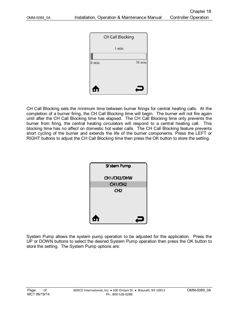 17 ch call blocking (default: 1 minute), 18 system pump (default: ch1/ch2) | AERCO Esteem Boiler with EZ-Set Controller User Manual | Page 130 / 188
