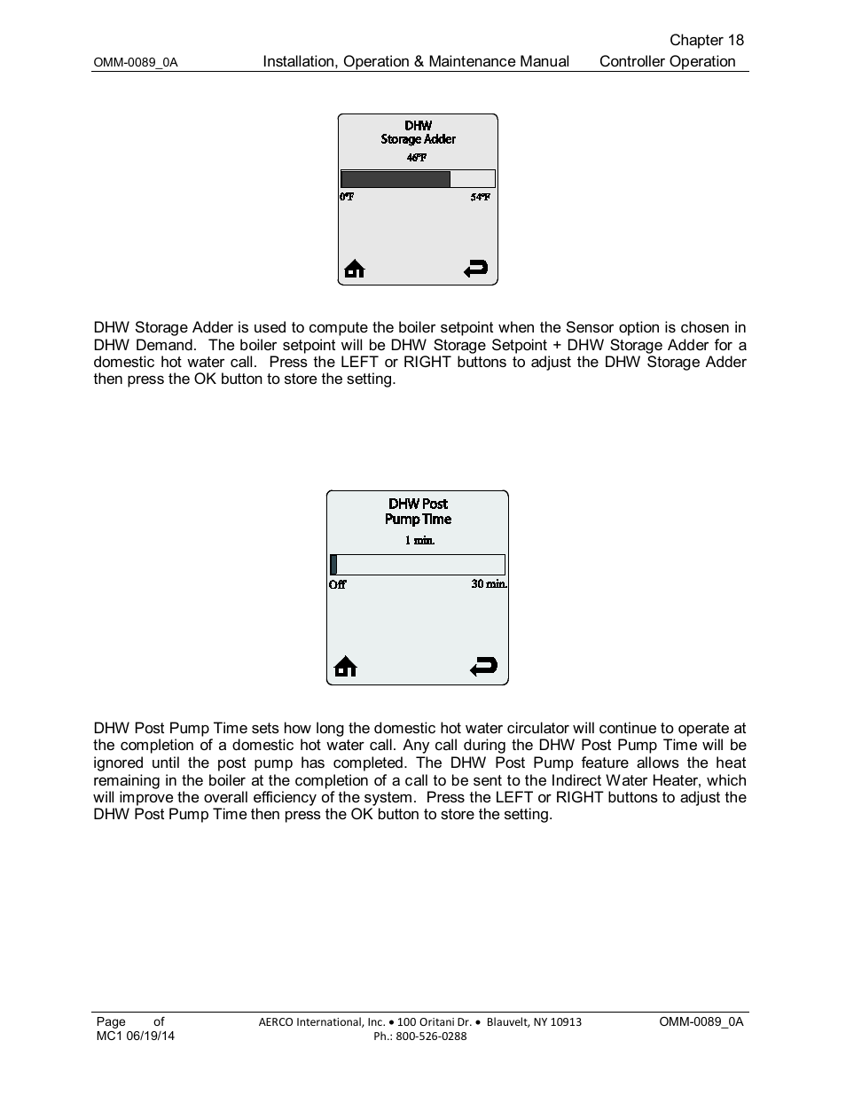6 dhw storage adder (default: 46 f [25 c]), 7 dhw post pump time (default: 1 minute), 6 dhw storage adder (default: 46°f [25°c]) | AERCO Esteem Boiler with EZ-Set Controller User Manual | Page 139 / 188