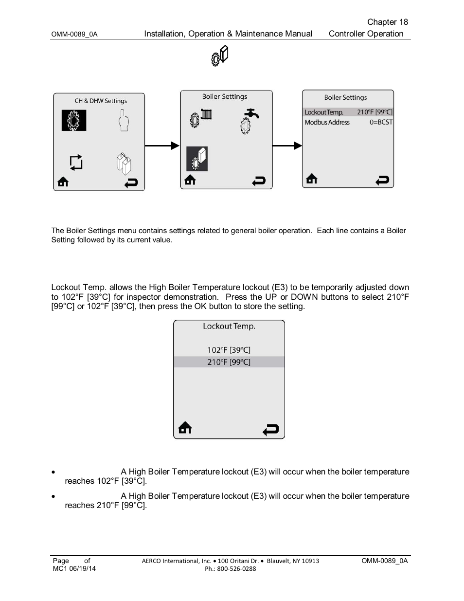 5 boiler settings menu, 1 lockout temp (default: 210 f [99 c]), 1 lockout temp (default: 210°f [99°c]) | AERCO Esteem Boiler with EZ-Set Controller User Manual | Page 143 / 188