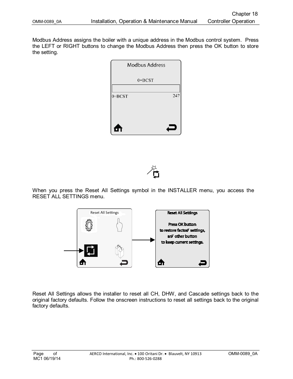 2 modbus address (default: 0=bcst), 6 reset all settings menu | AERCO Esteem Boiler with EZ-Set Controller User Manual | Page 144 / 188